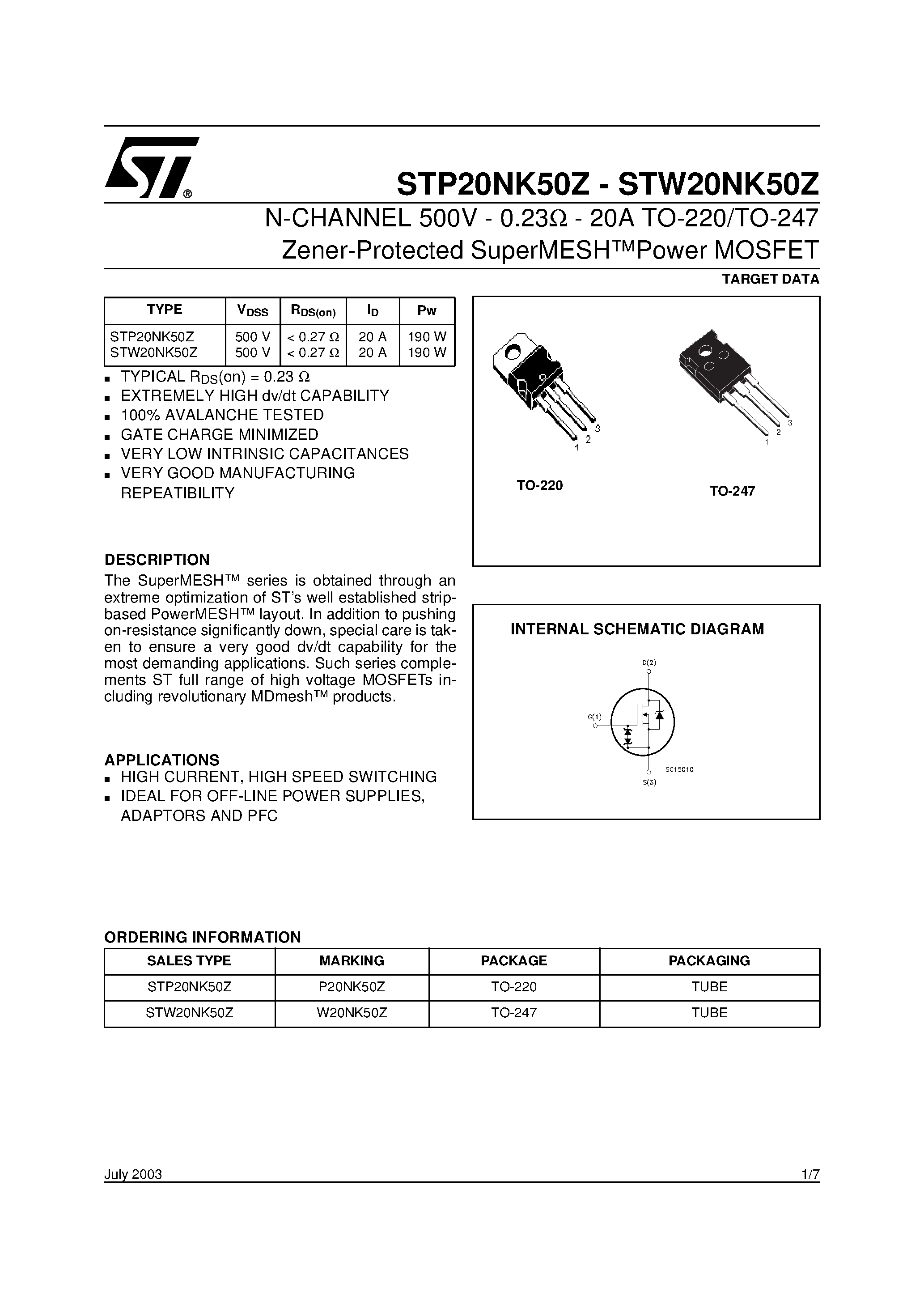 Datasheet STP20NK50Z - N-CHANNEL POWER MOSFET page 1