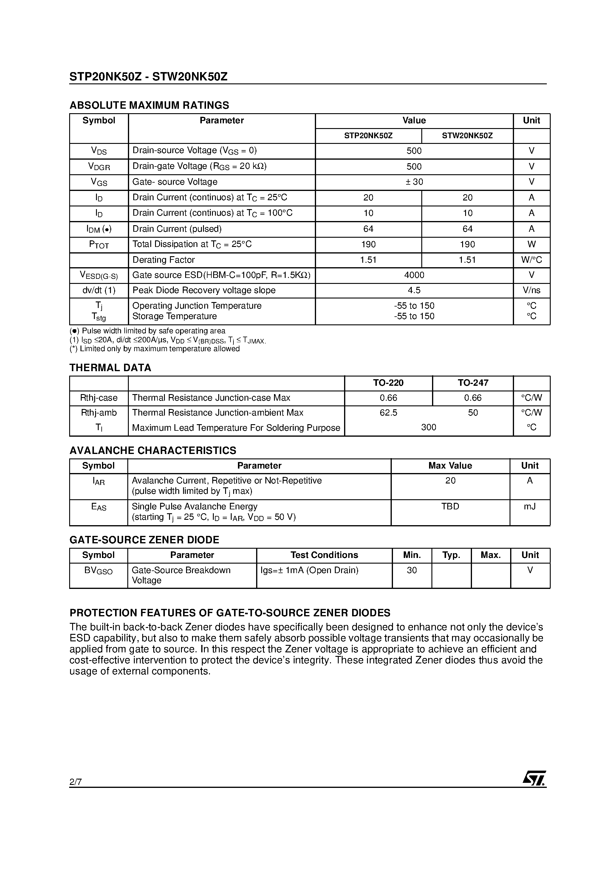 Datasheet STP20NK50Z - N-CHANNEL POWER MOSFET page 2