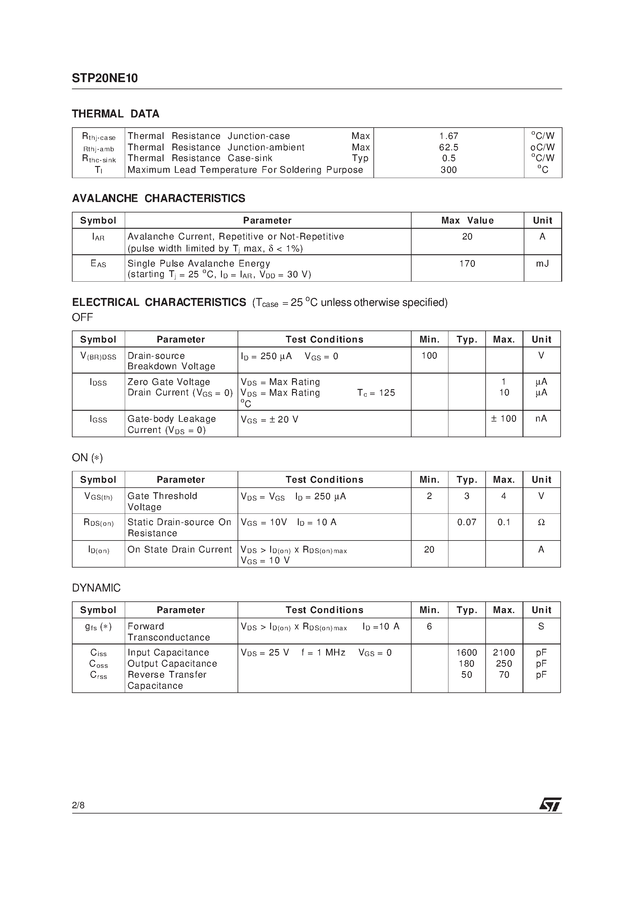 Datasheet STP20NE10 - N-CHANNEL POWER MOSFET page 2