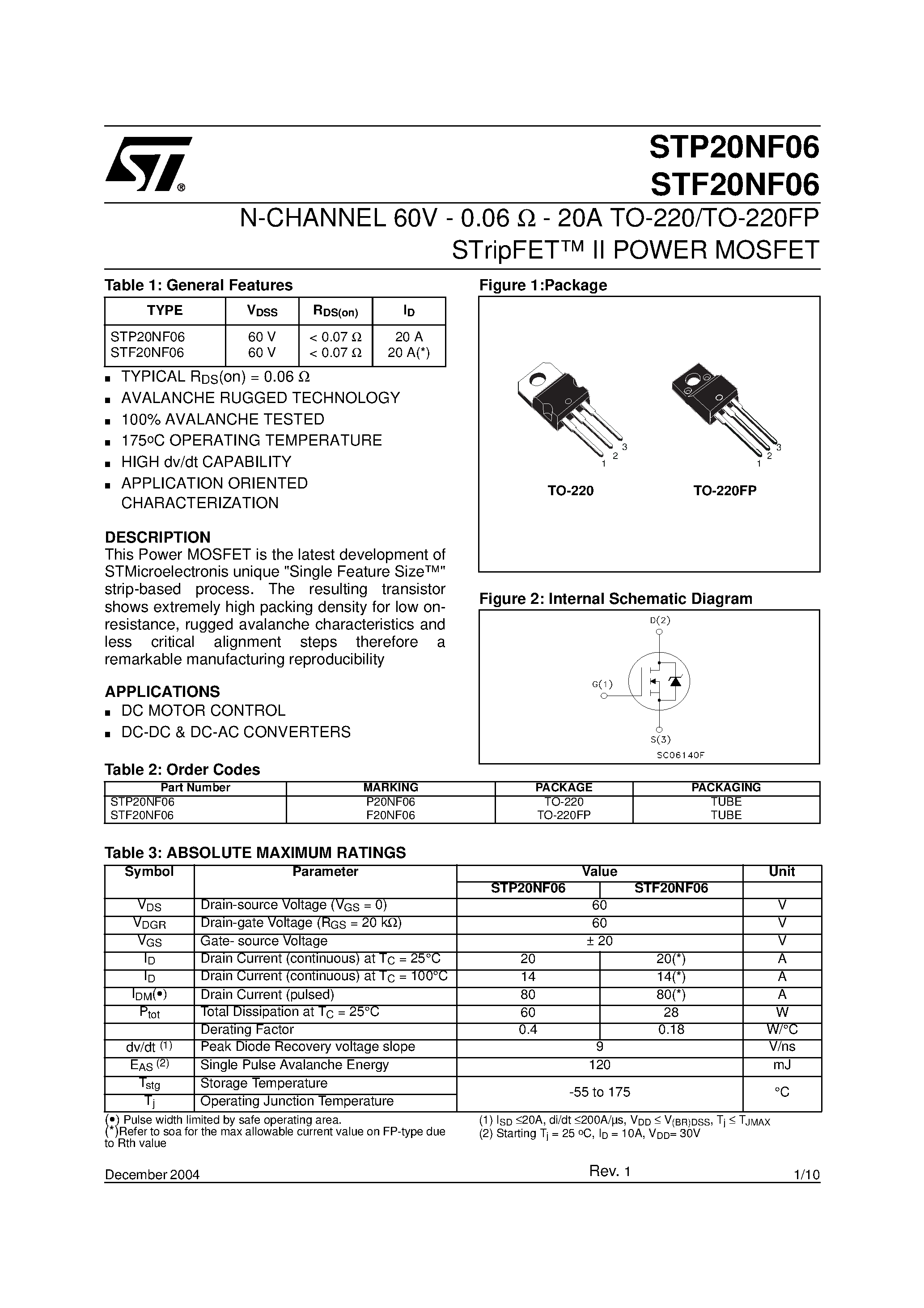 Datasheet STP20NF06 - N-CHANNEL POWER MOSFET page 1