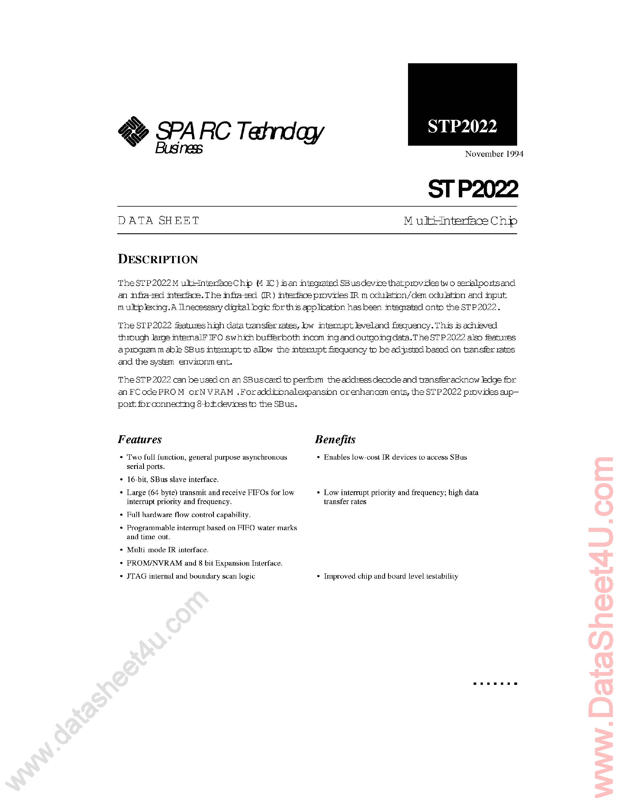 Datasheet STP2022 - Multi Interface Chip page 1