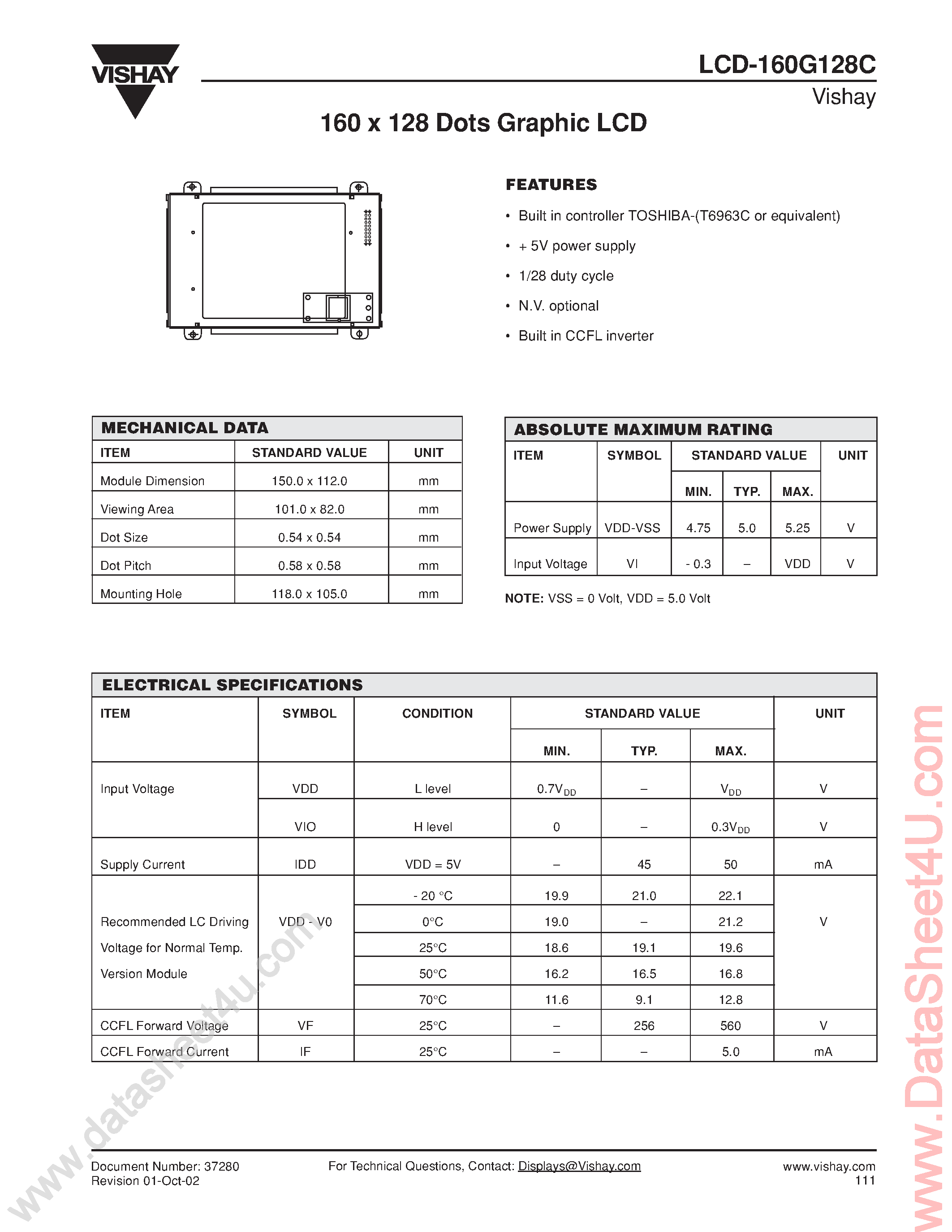 Даташит LCD-160G128C - 160 x 128 Dots Graphic LCD страница 1