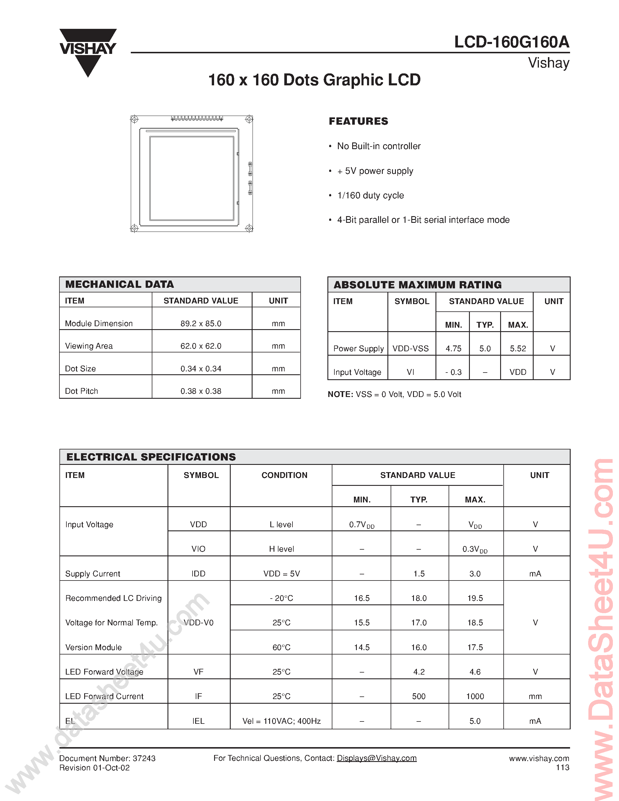 Даташит LCD-160G160A - 160 x 160 Dots Graphic LCD страница 1