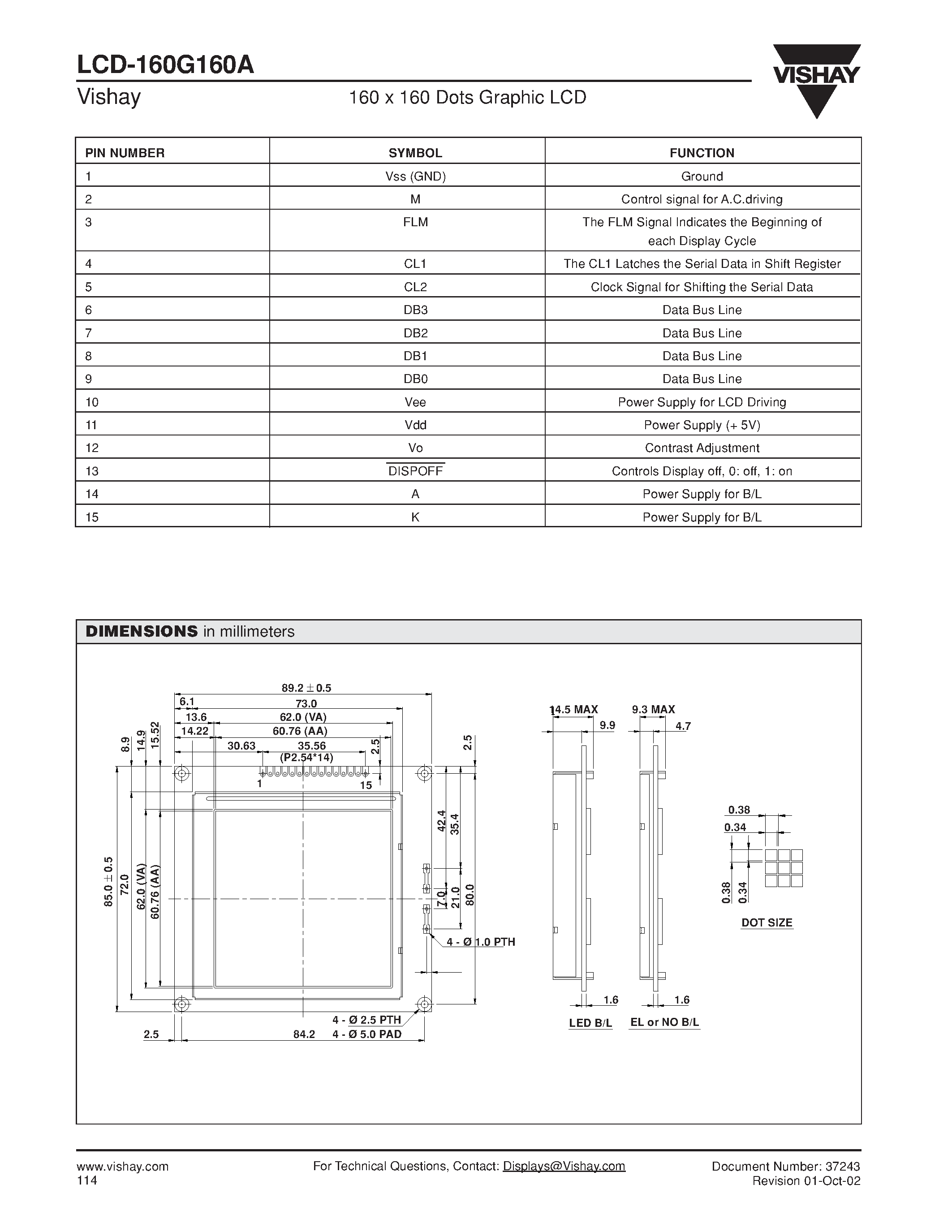 Даташит LCD-160G160A - 160 x 160 Dots Graphic LCD страница 2