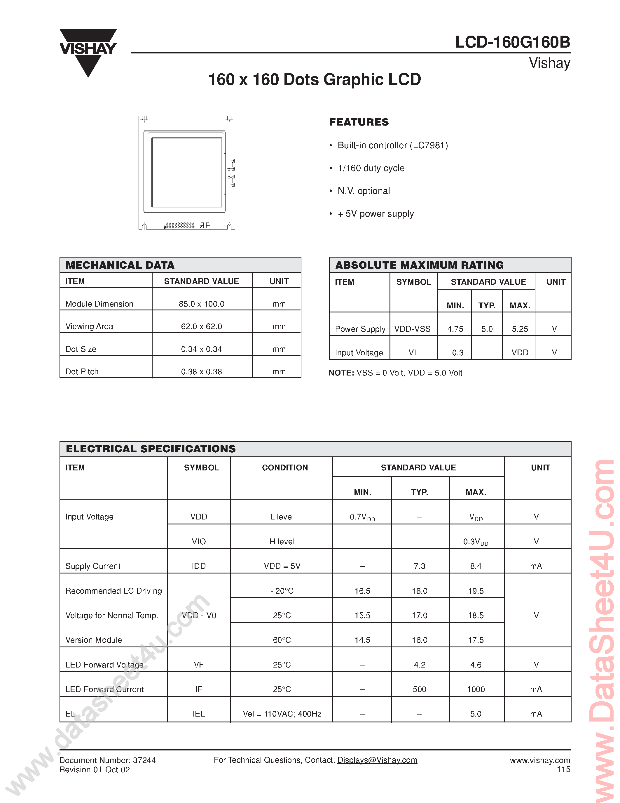 Даташит LCD-160G160B - 160 x 160 Dots Graphic LCD страница 1