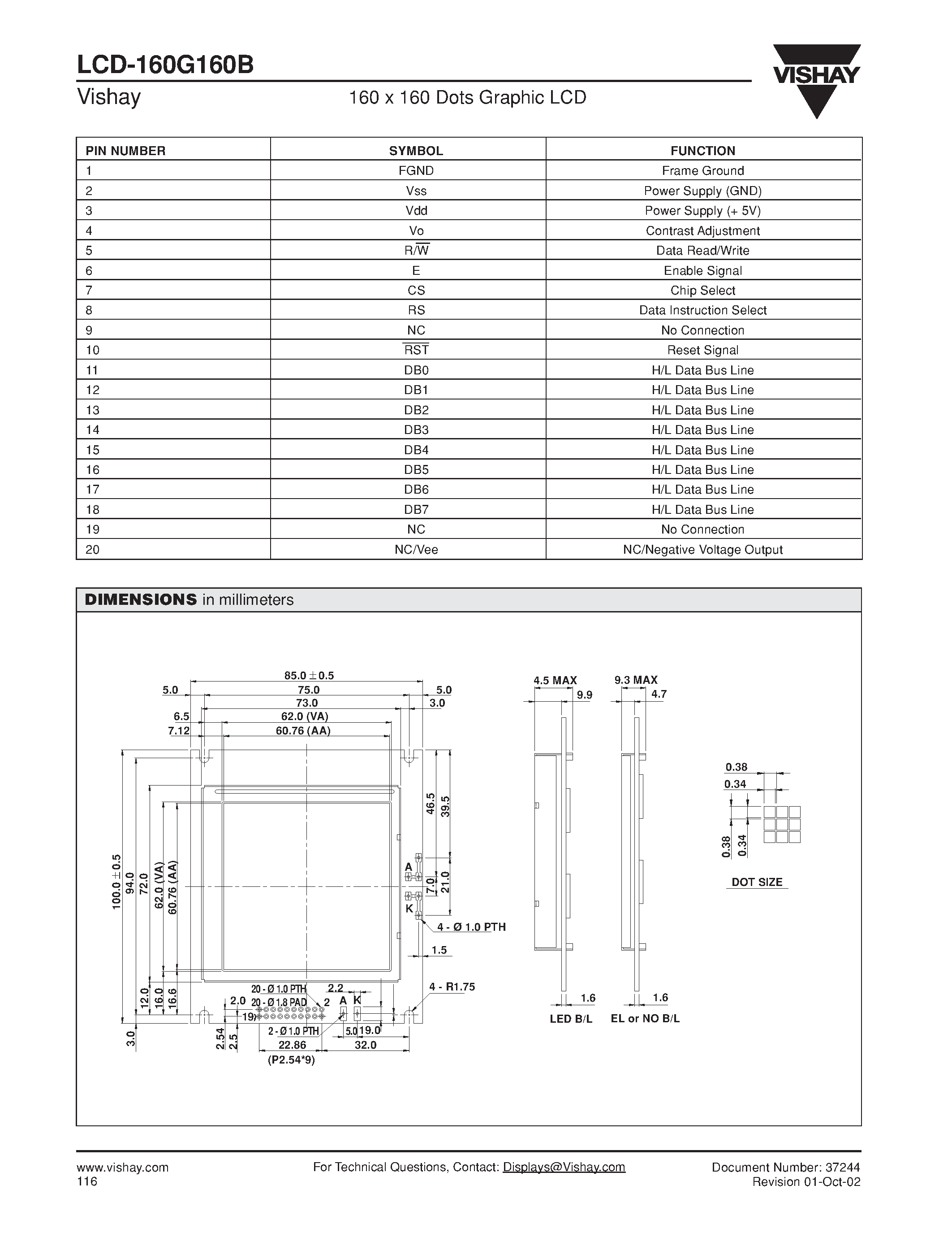 Даташит LCD-160G160B - 160 x 160 Dots Graphic LCD страница 2