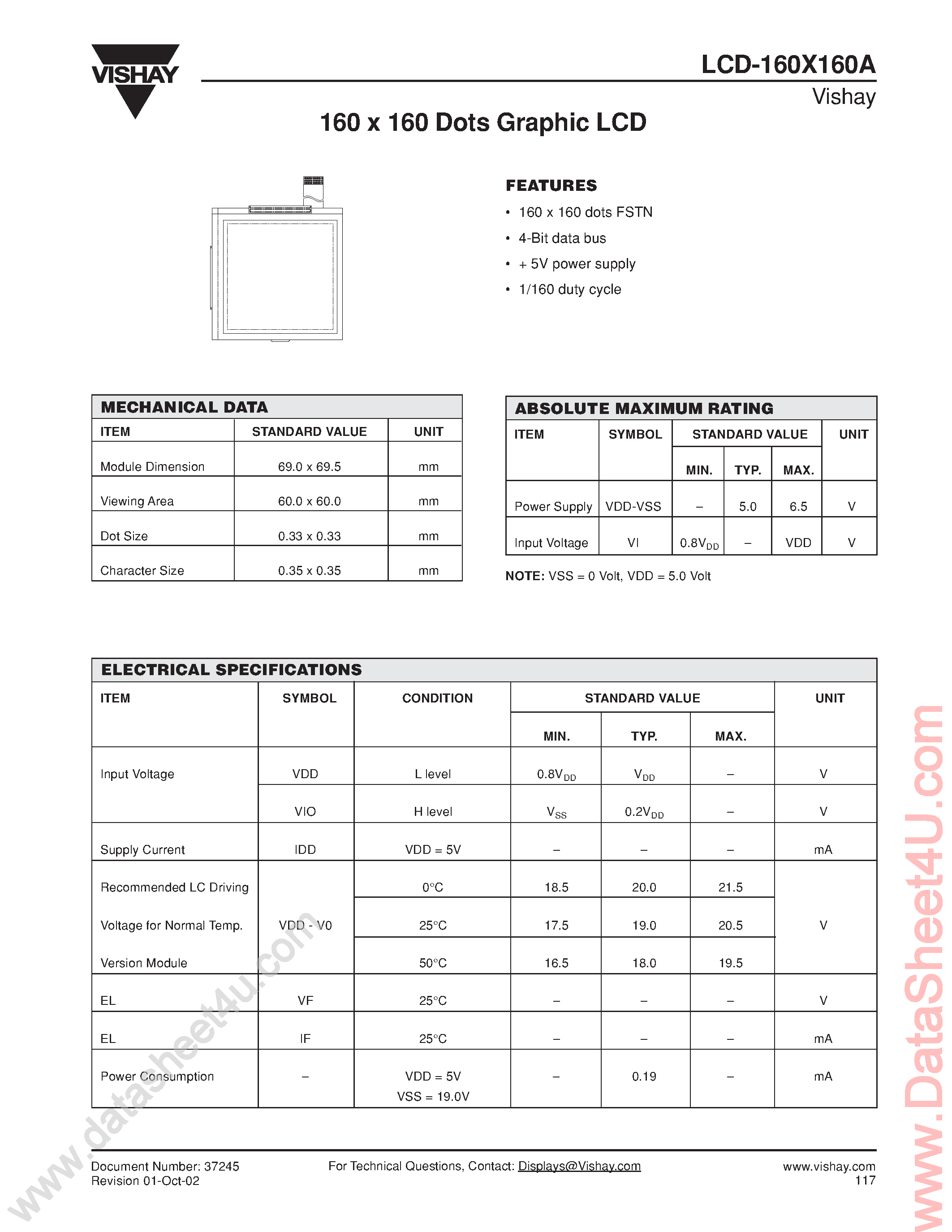 Даташит LCD-160X160A - 160 x 160 Dots Graphic LCD страница 1