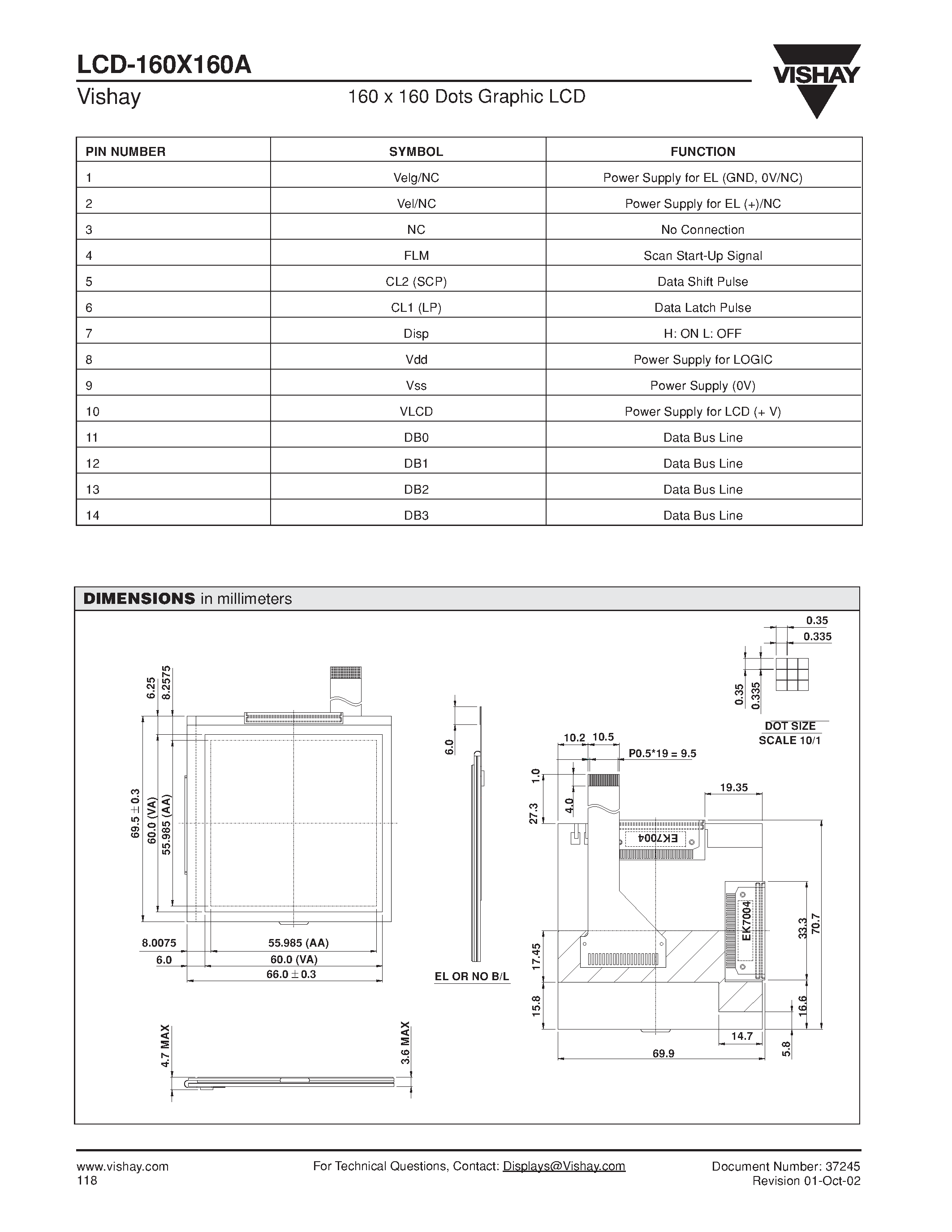 Даташит LCD-160X160A - 160 x 160 Dots Graphic LCD страница 2