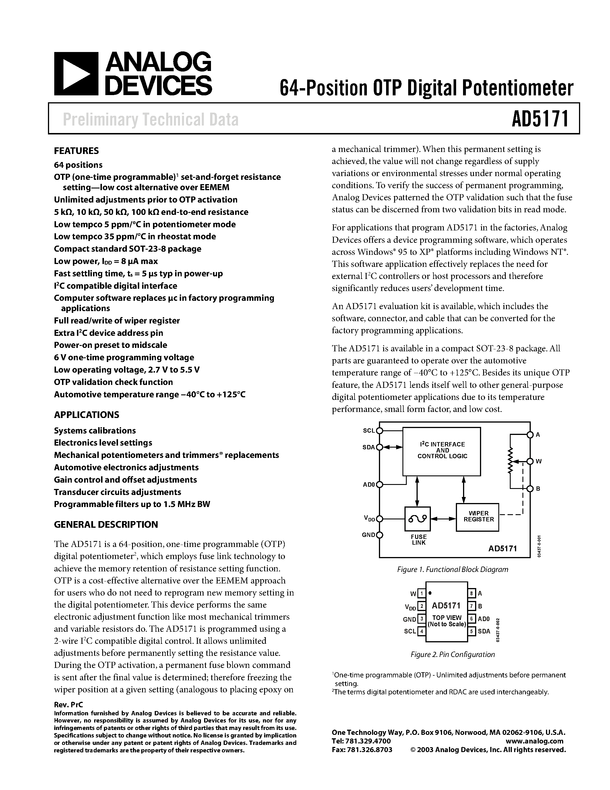 Datasheet AD5171 - 64-Position OTP Digital Potentiometer page 1