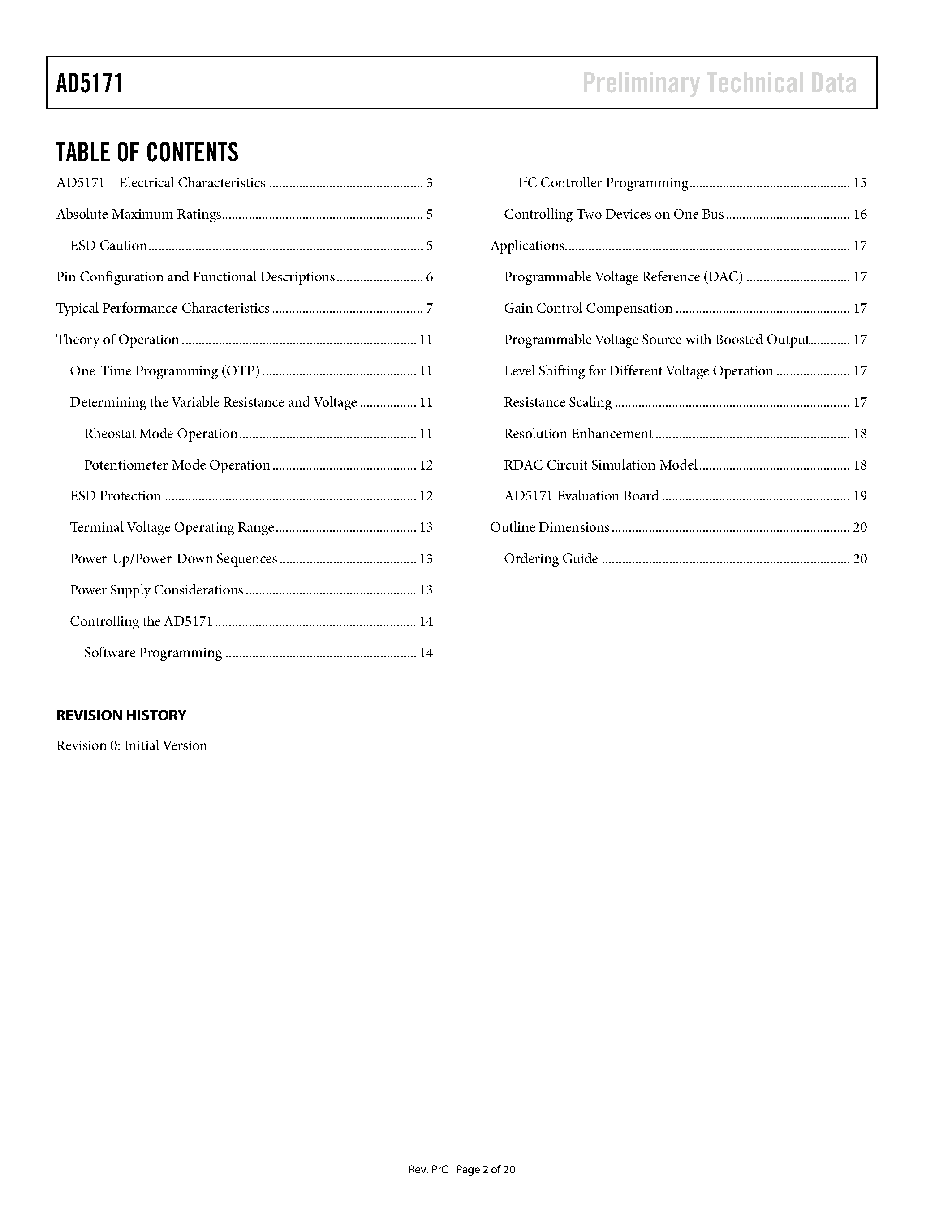 Datasheet AD5171 - 64-Position OTP Digital Potentiometer page 2