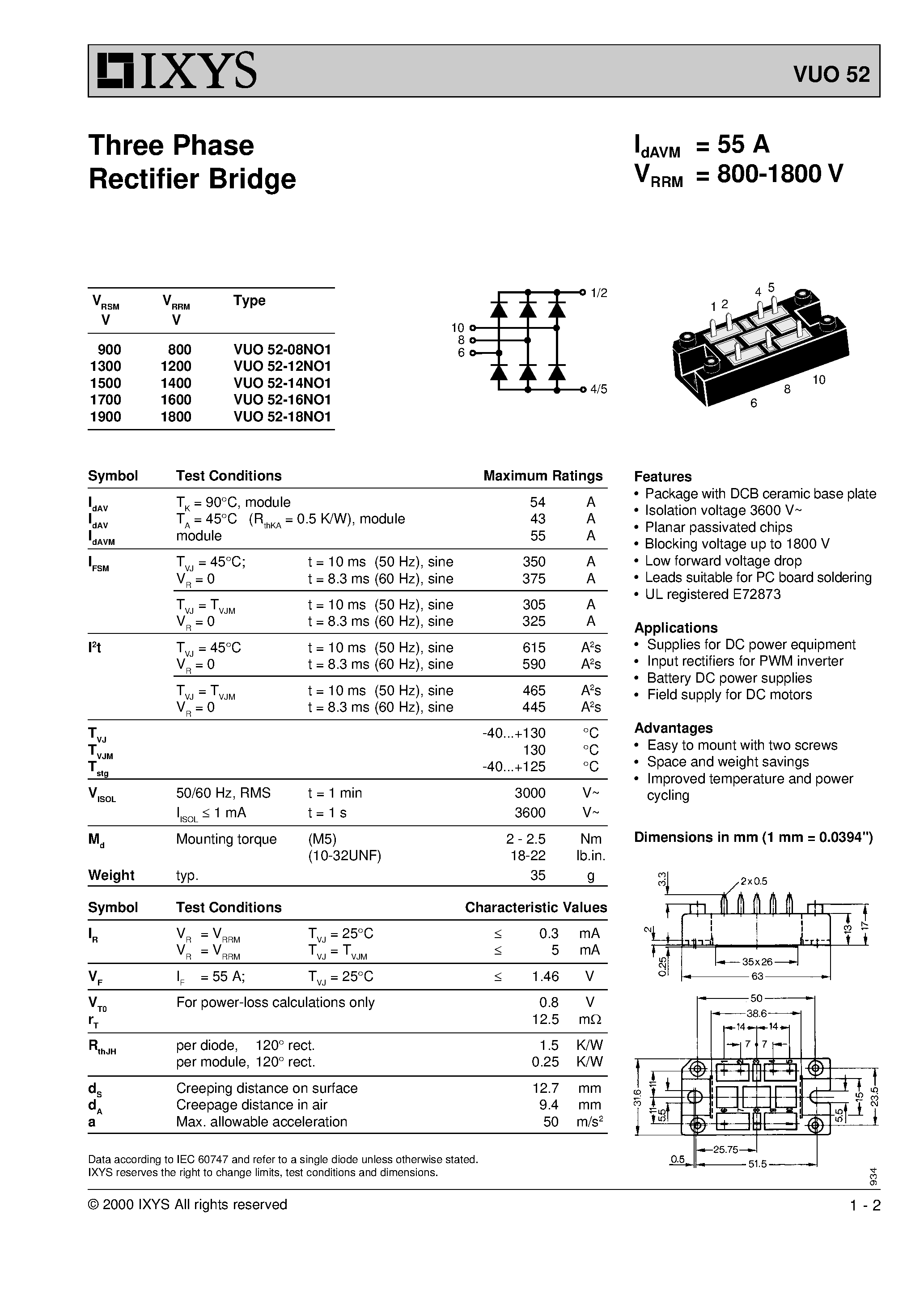 Datasheet VUO52 page 1 Datasheet VUO52 - Three Phase Rectifier Bridge page 1