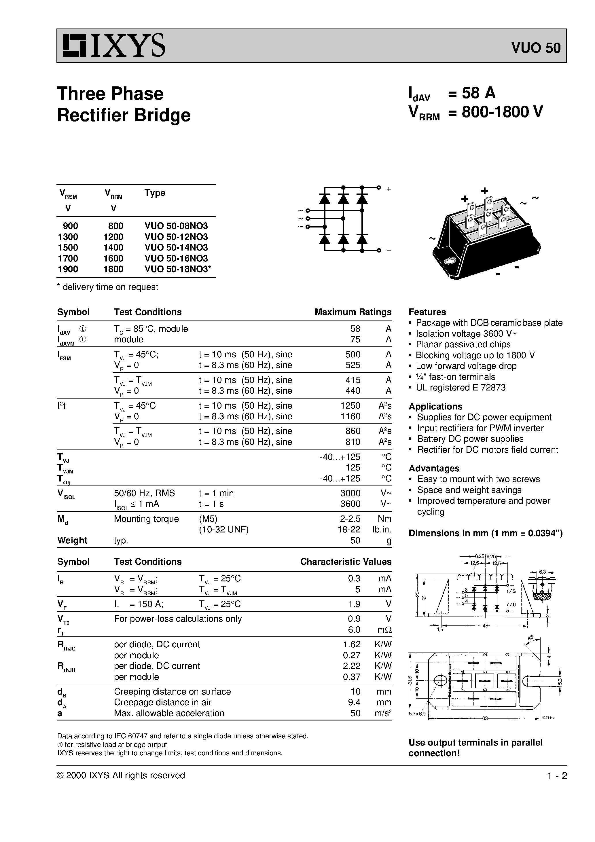 Datasheet VUO50 page 1 Datasheet VUO50 - Three Phase Rectifier Bridge page 1