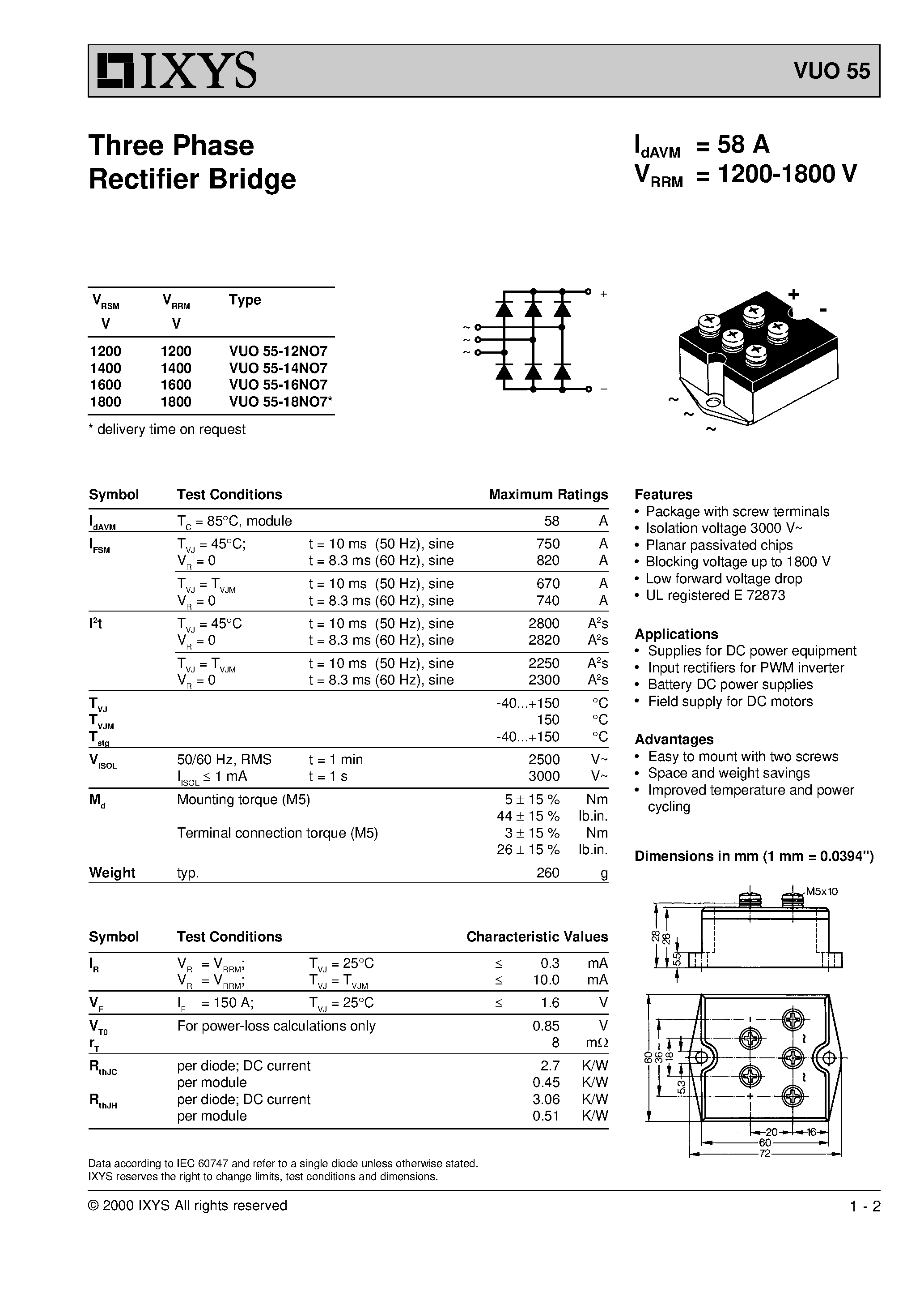 Datasheet VUO55 - Three Phase Rectifier Bridge page 1