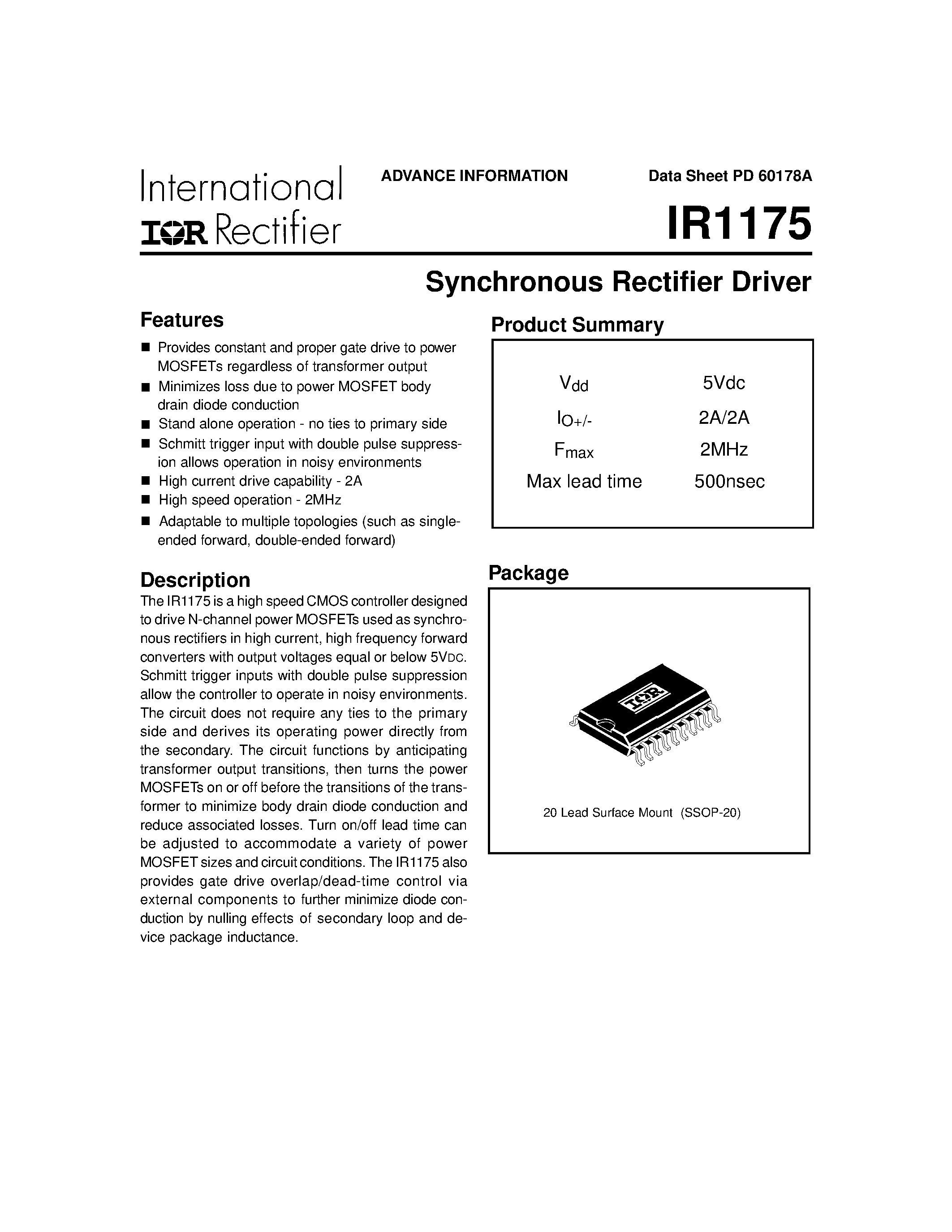 Datasheet IR1175 - Synchronous Rectifier Driver page 1