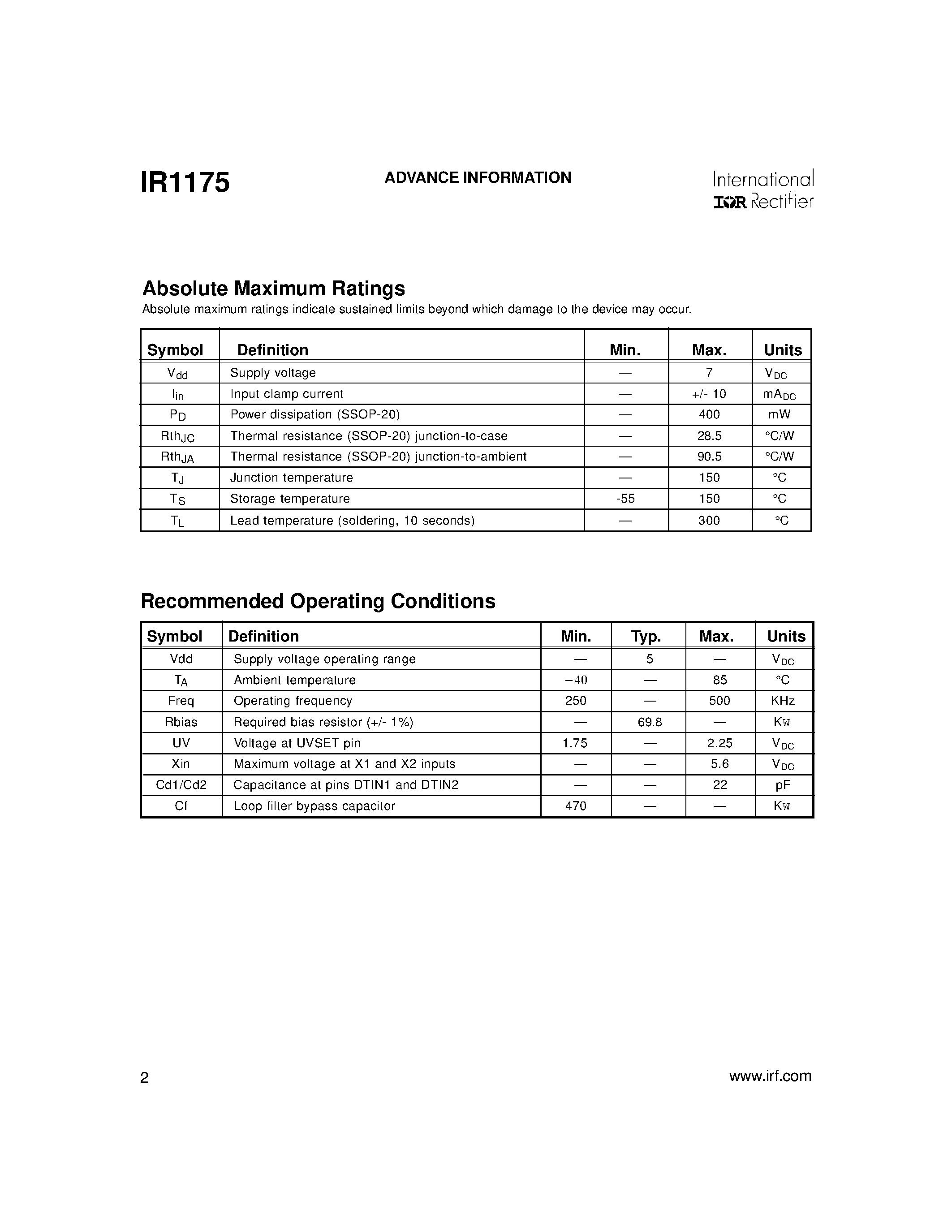 Datasheet IR1175 - Synchronous Rectifier Driver page 2