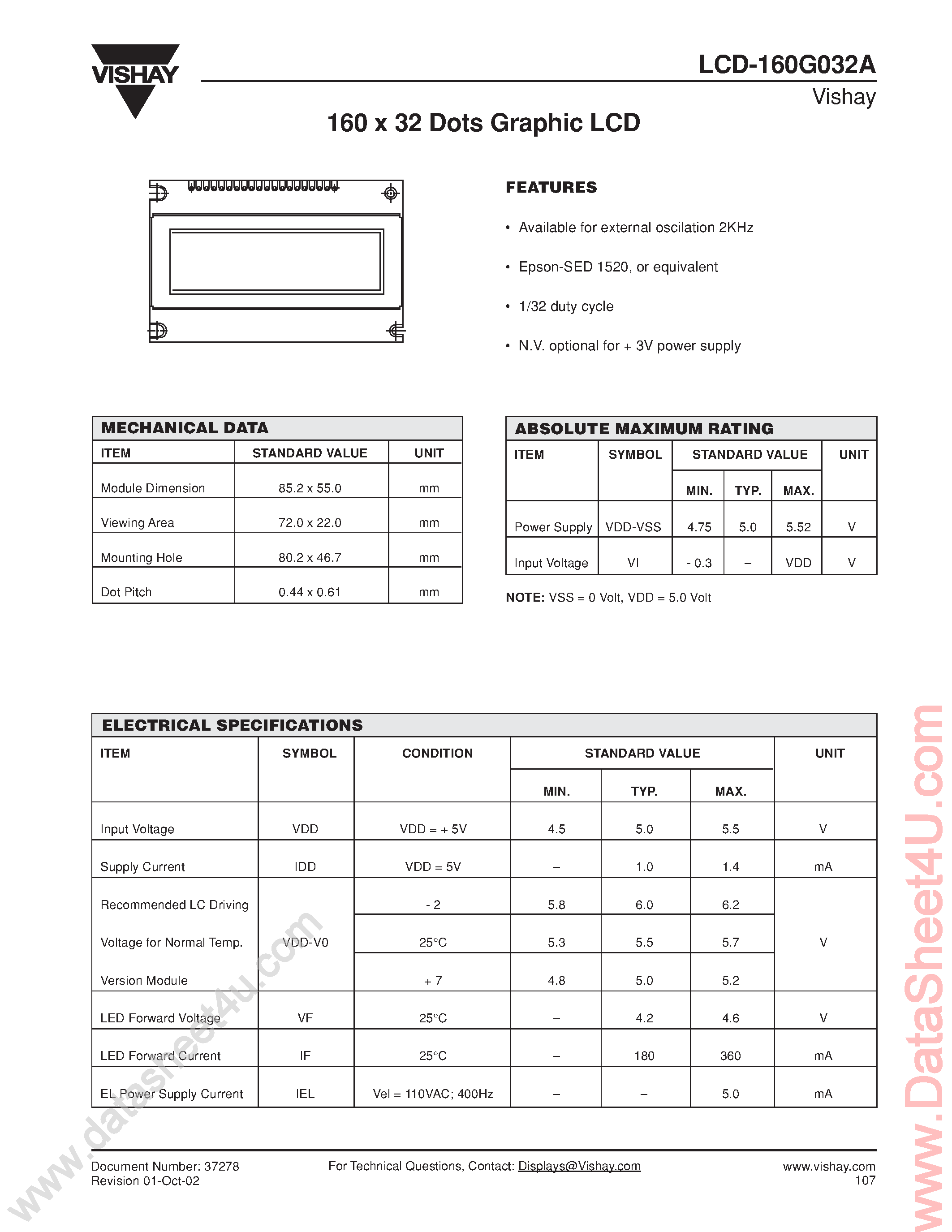 Даташит LCD-160G032A - 160 x 32 Dots Graphic LCD страница 1