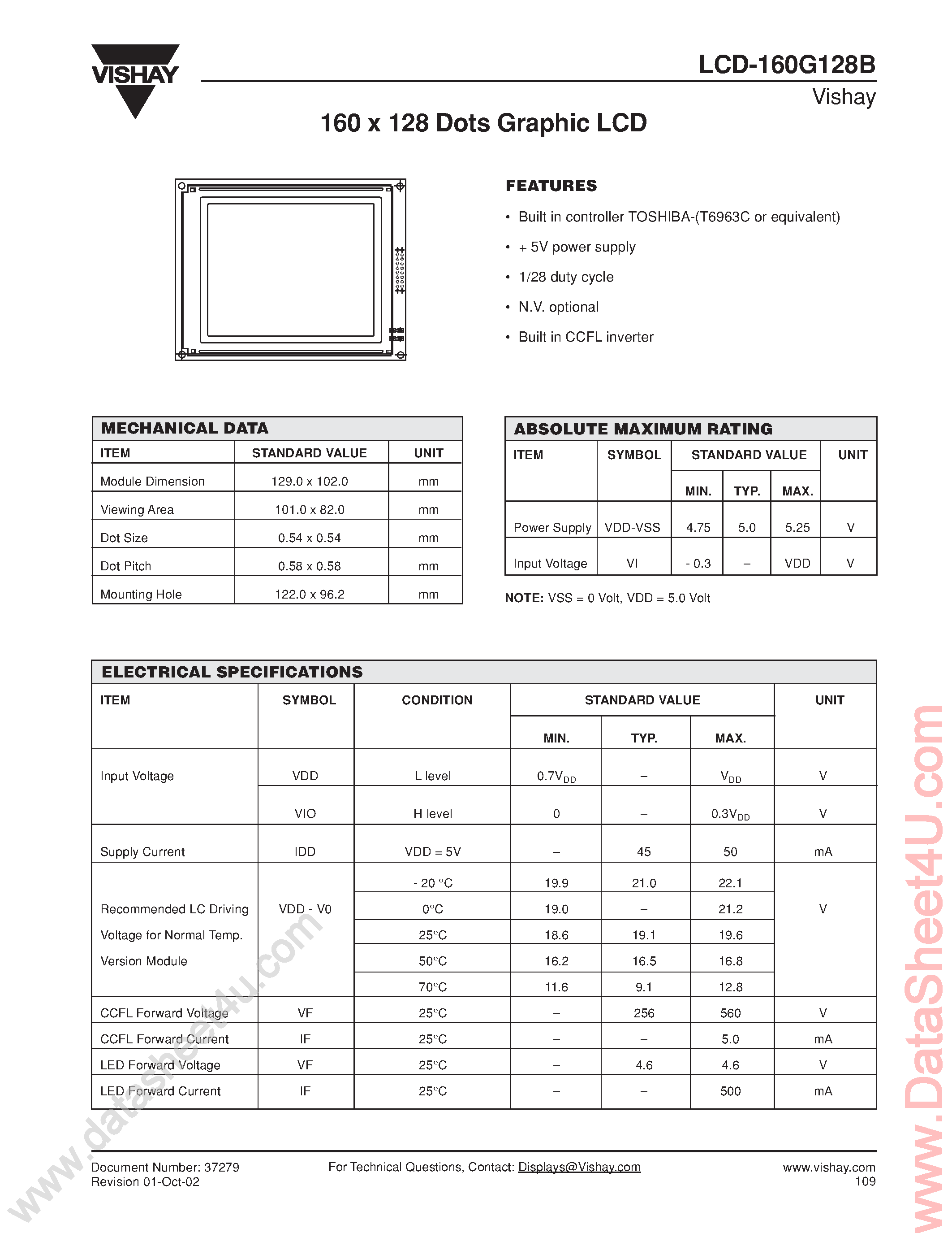 Даташит LCD-160G128B - 160 x 128 Dots Graphic LCD страница 1