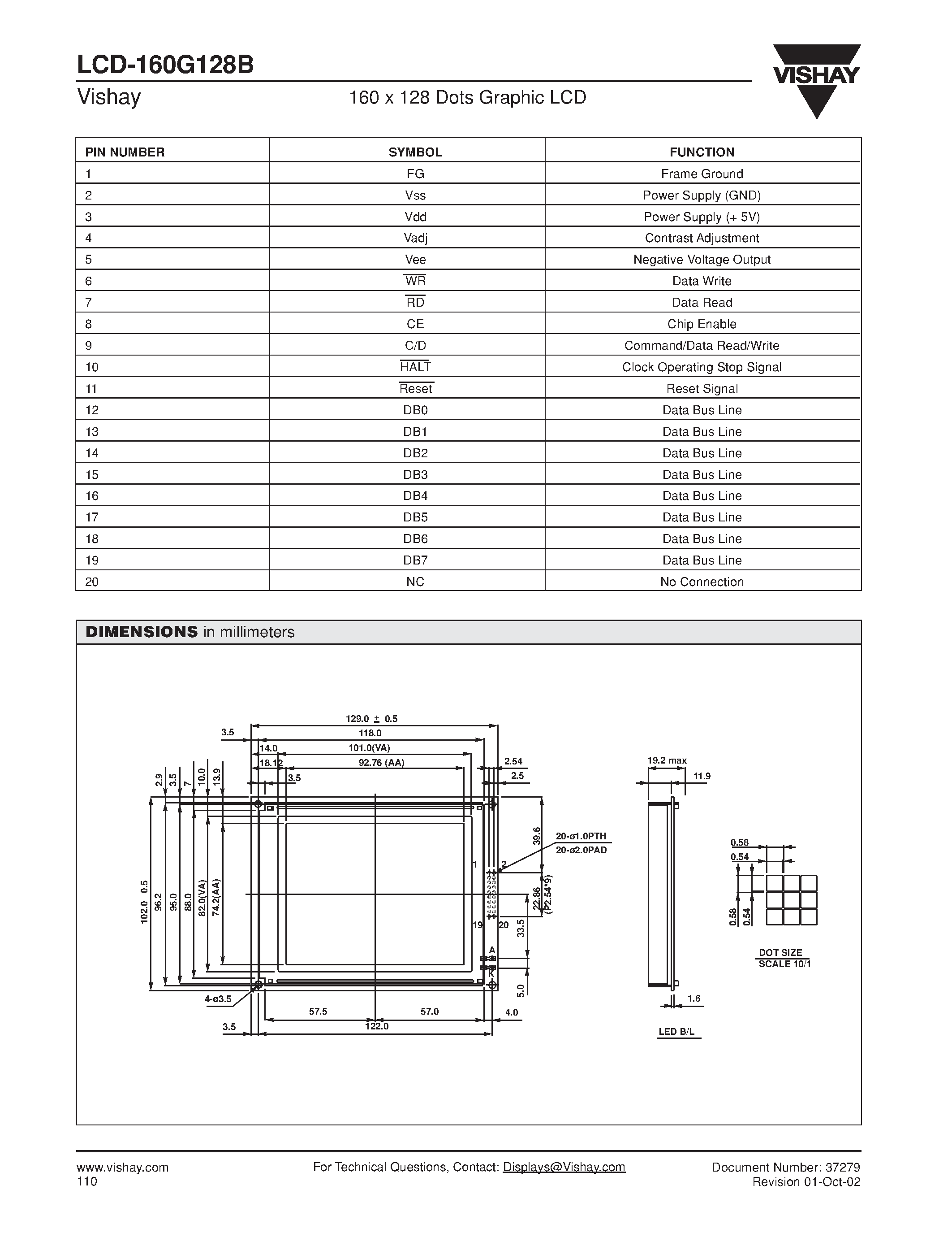 Даташит LCD-160G128B - 160 x 128 Dots Graphic LCD страница 2
