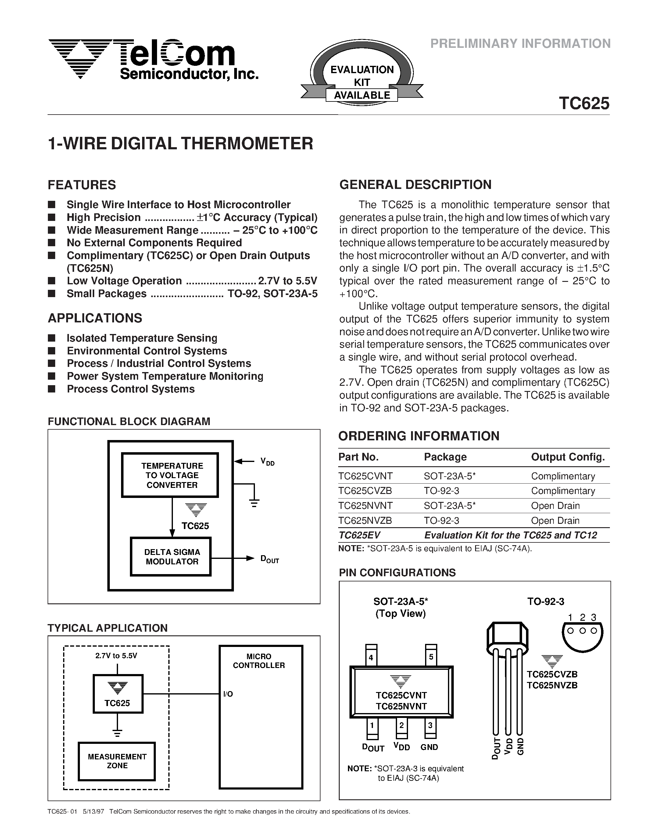 Datasheet TC625 - 1-WIRE DIGITAL THERMOMETER page 1