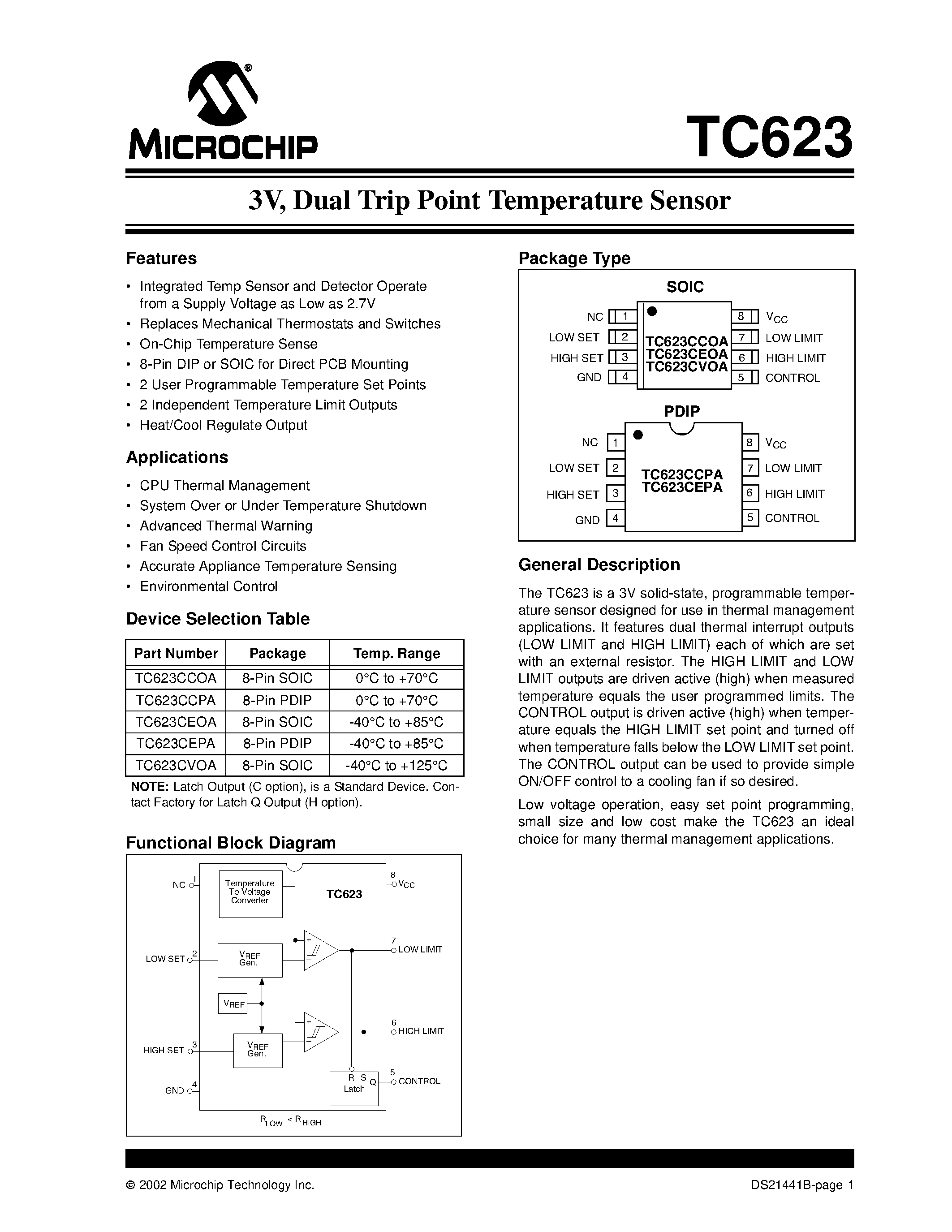 Даташит TC623 - Dual Trip Point Temperature Sensor страница 1