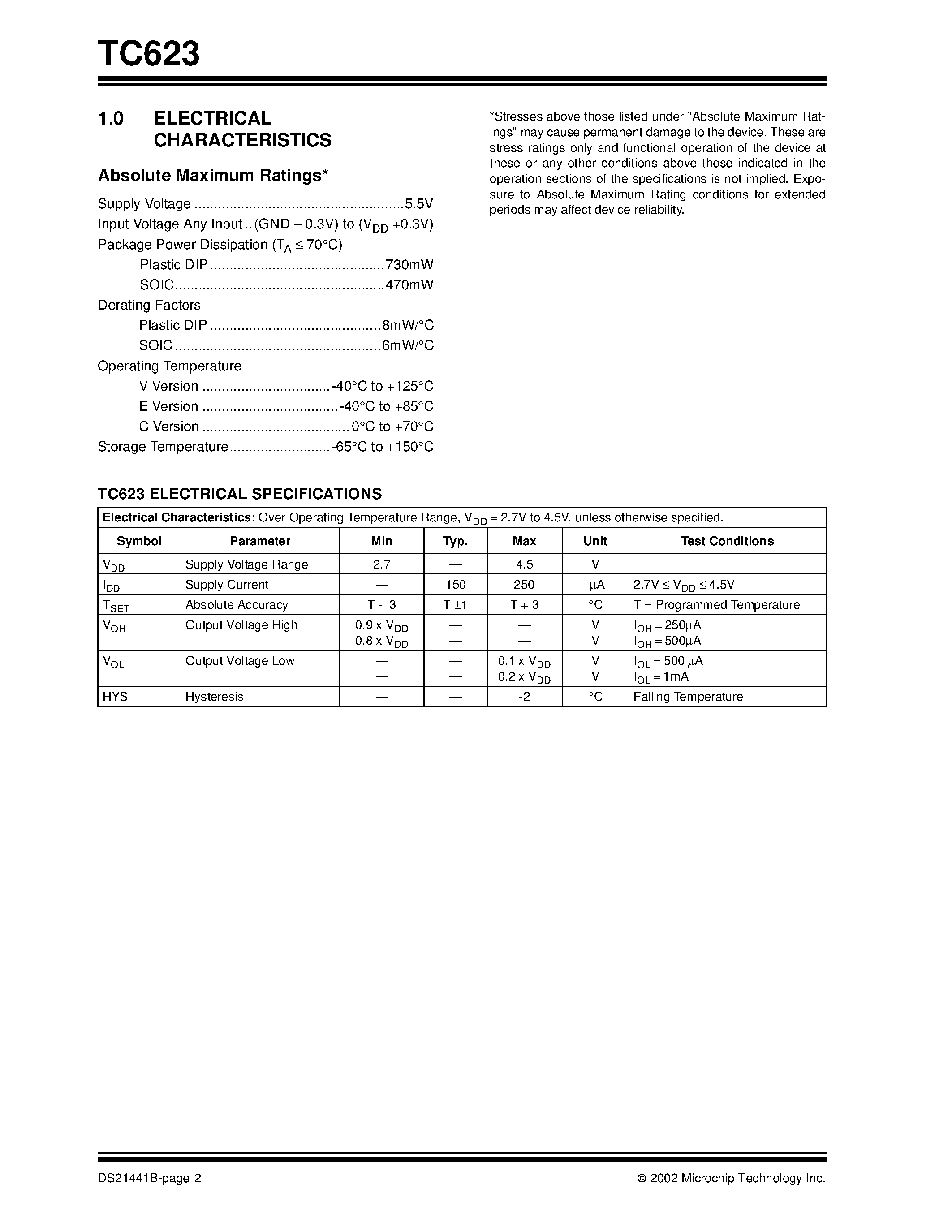 Datasheet TC623 - Dual Trip Point Temperature Sensor page 2