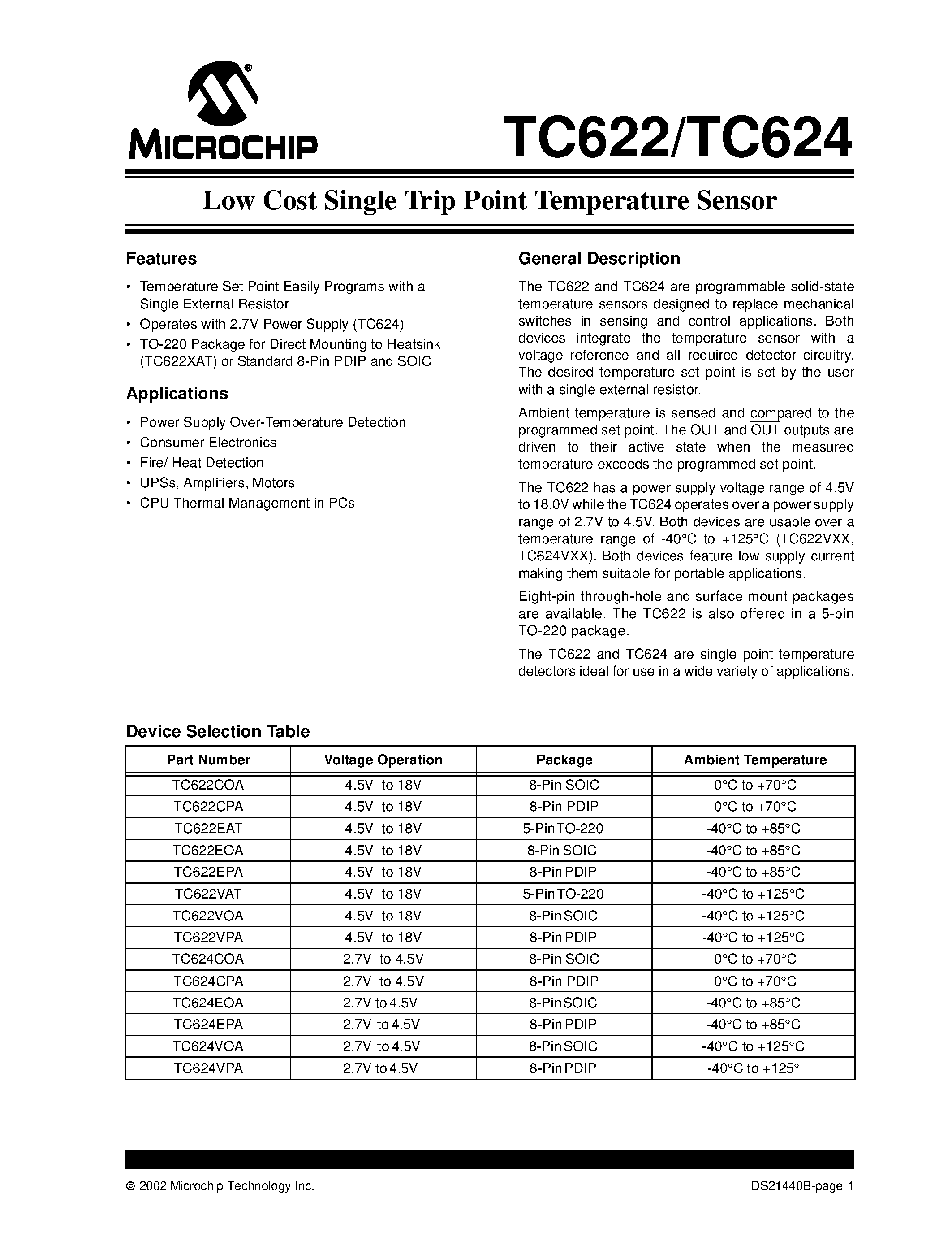 Даташит TC622 - (TC622 / TC624) Low Cost Single Trip Point Temperature Sensor страница 1