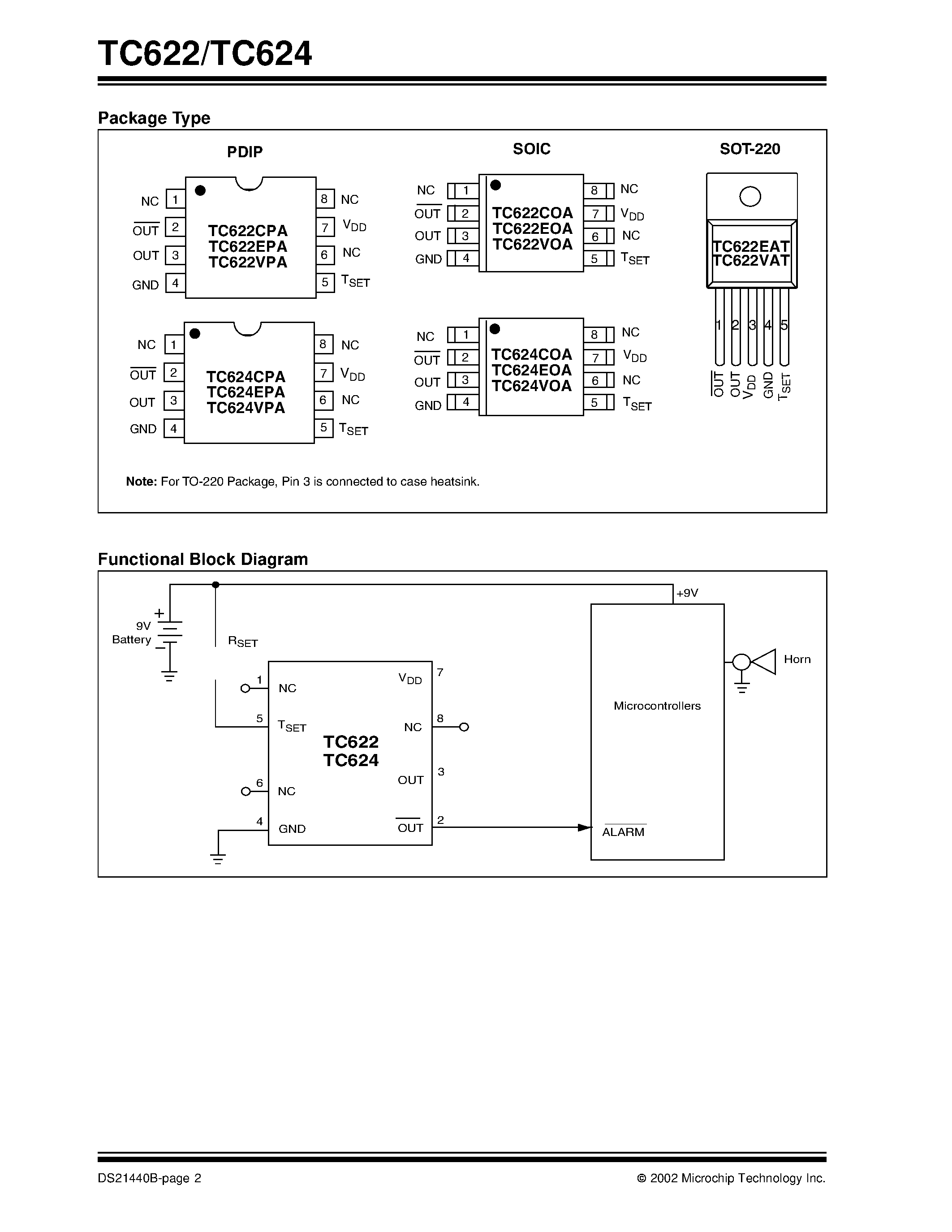 Даташит TC622 - (TC622 / TC624) Low Cost Single Trip Point Temperature Sensor страница 2