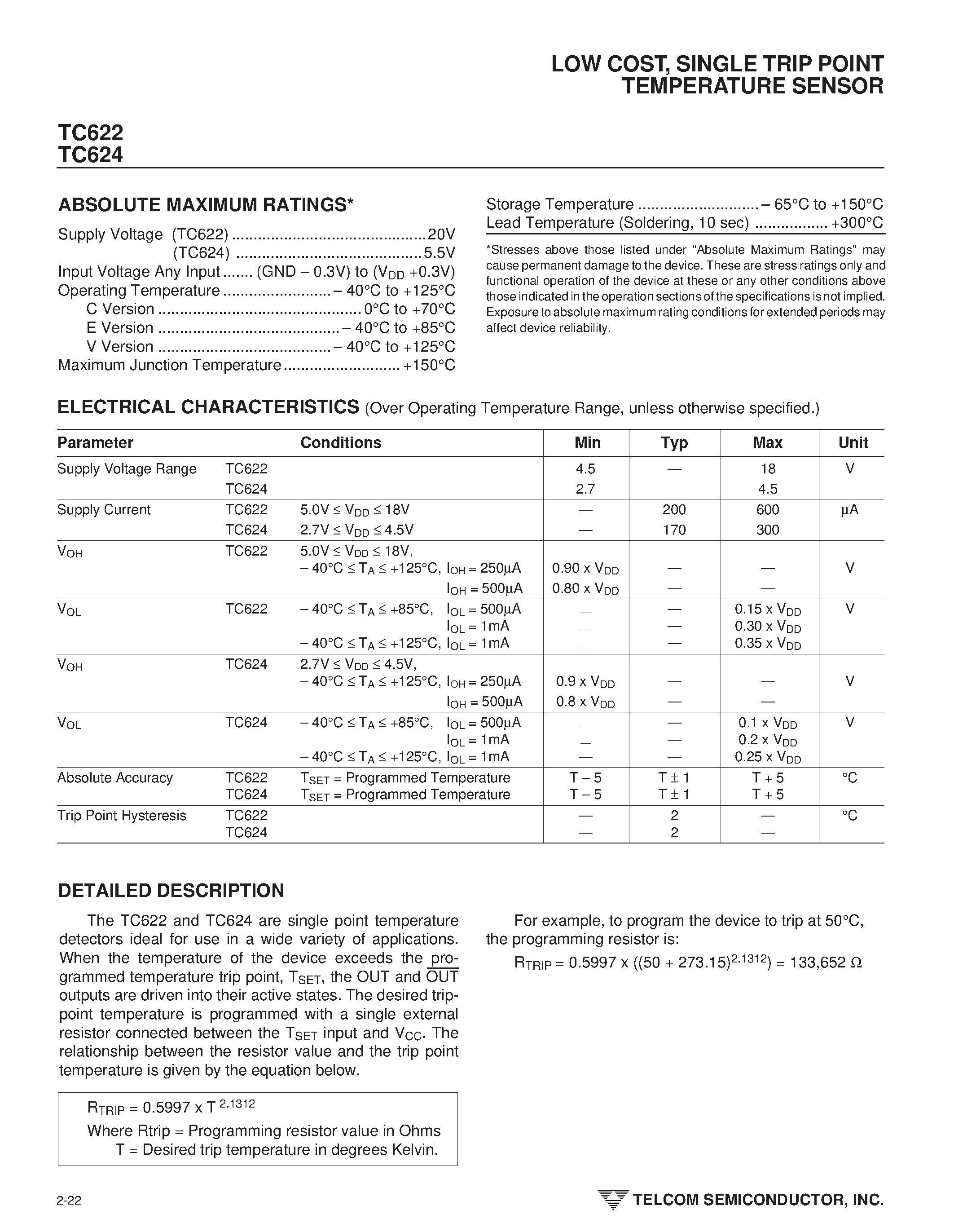 Datasheet TC622 - (TC622 / TC624) LOW COST SINGLE TRIP POINT TEMPERATURE SENSOR page 2