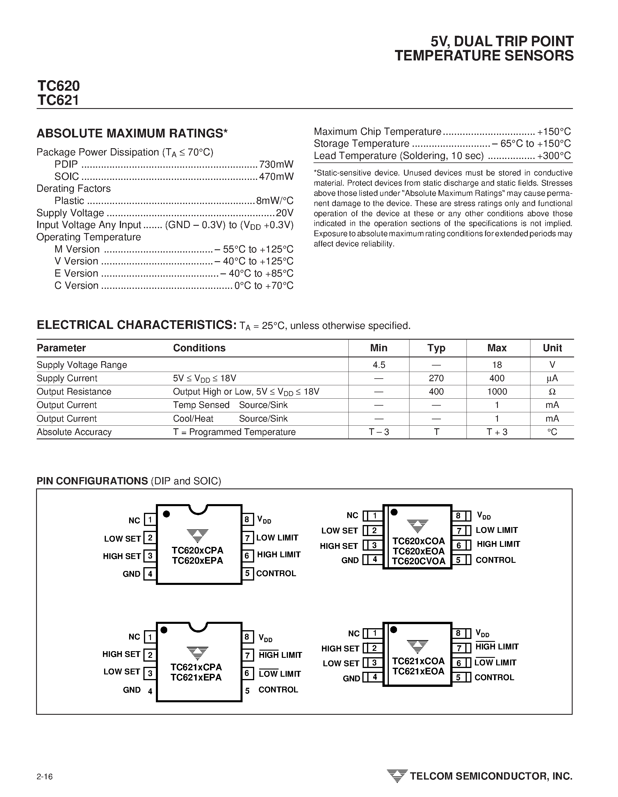 Datasheet TC620 - (TC620 / TC621) DUAL TRIP POINT TEMPERATURE SENSORS page 2