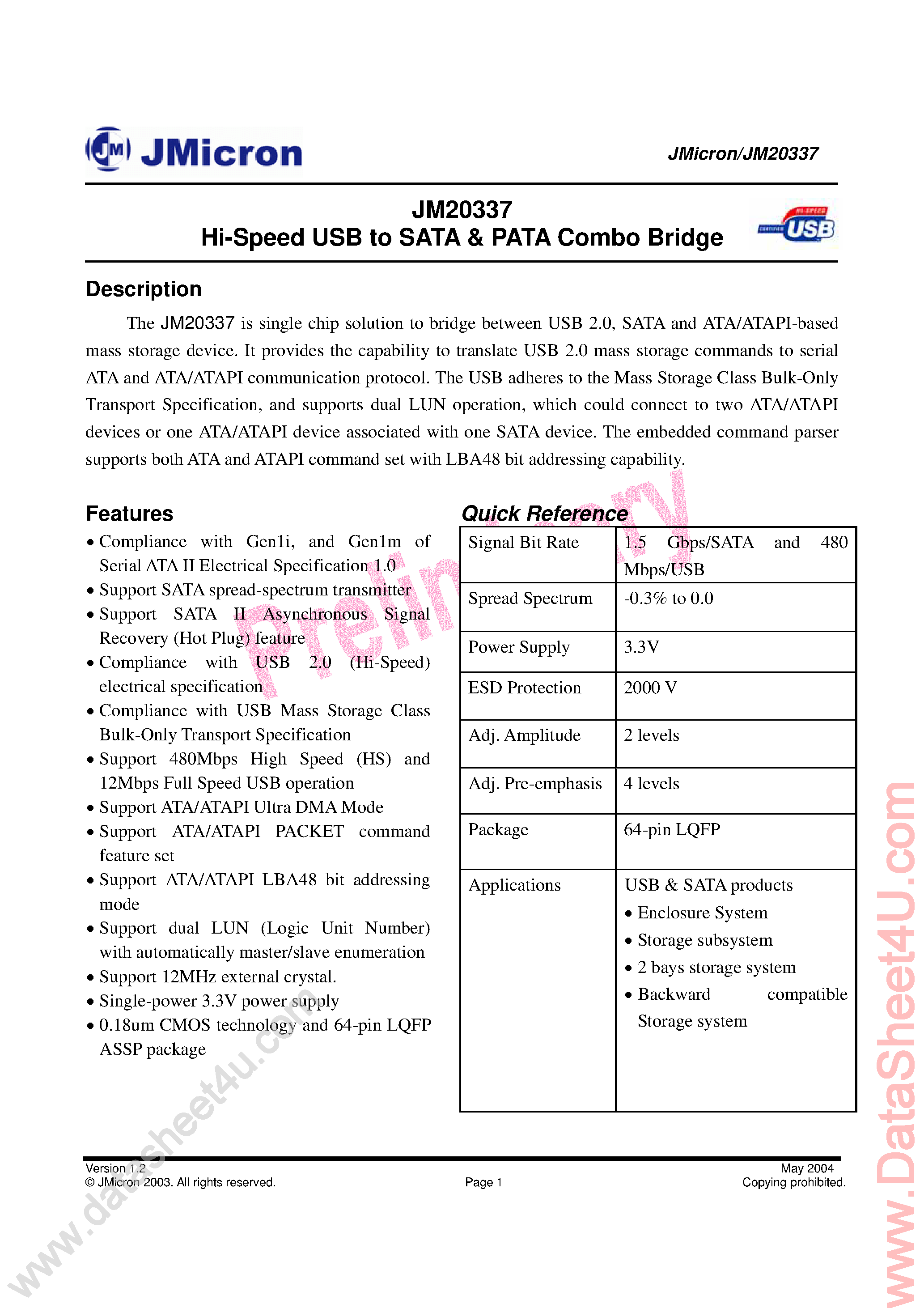 Даташит JM20337 - Hi Speed USB to SATA & PATA Combo Birdge страница 1