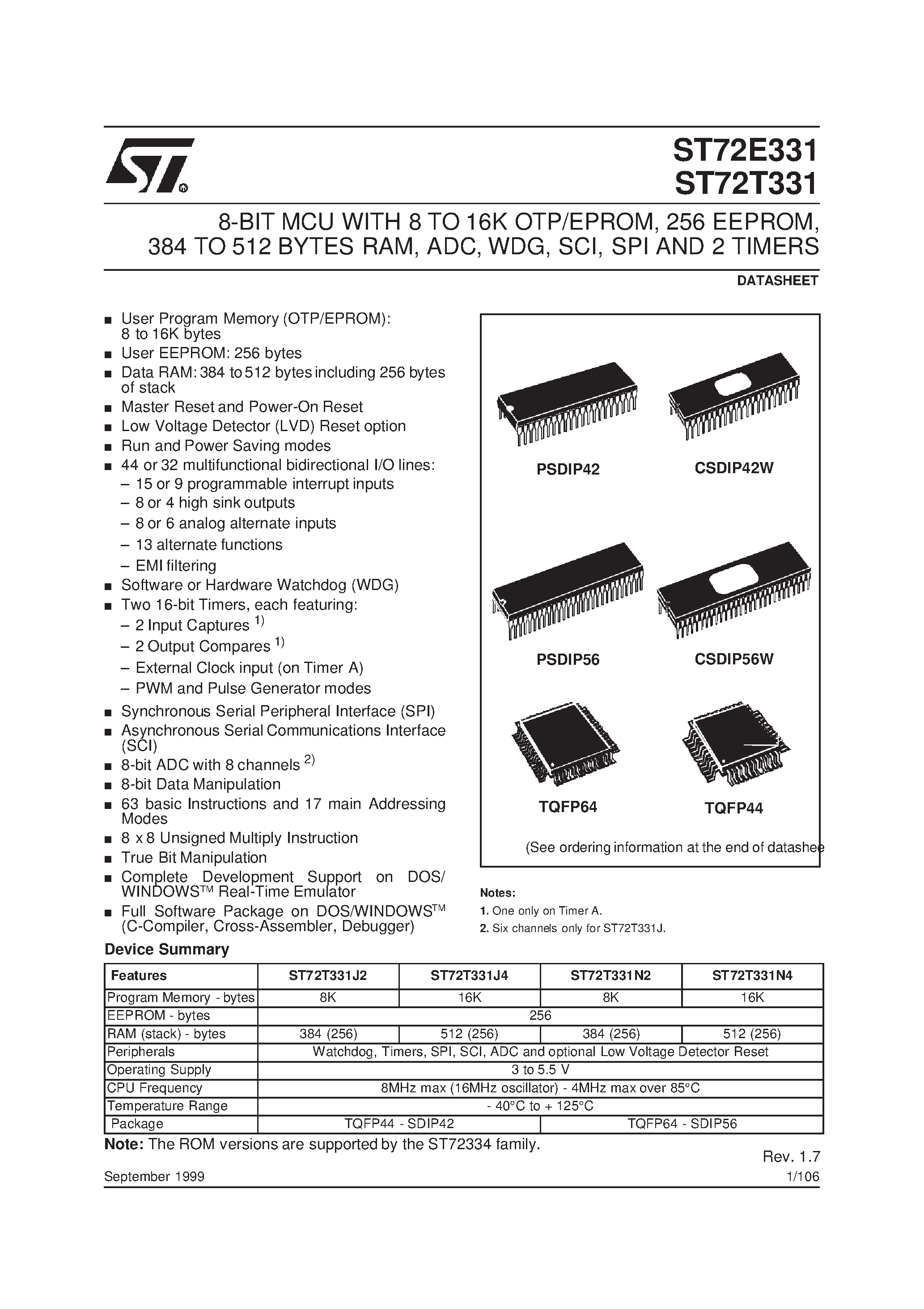 Datasheet ST72E331 page 1 Datasheet ST72E331 - 8-BIT MCU WITH 8 TO 16K OTP/EPROM page 1