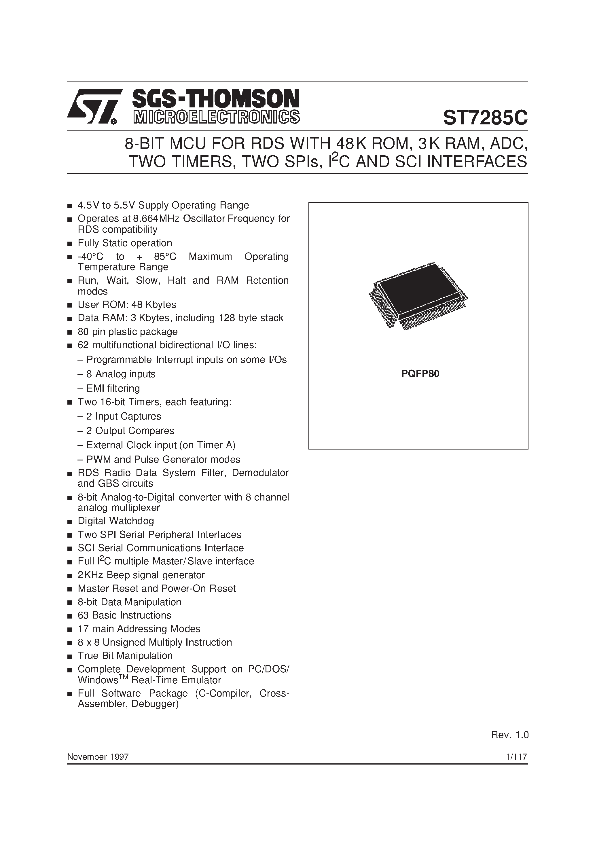 Datasheet ST7285C - 8-BIT MCU FOR RDS WITH 48K ROM page 1