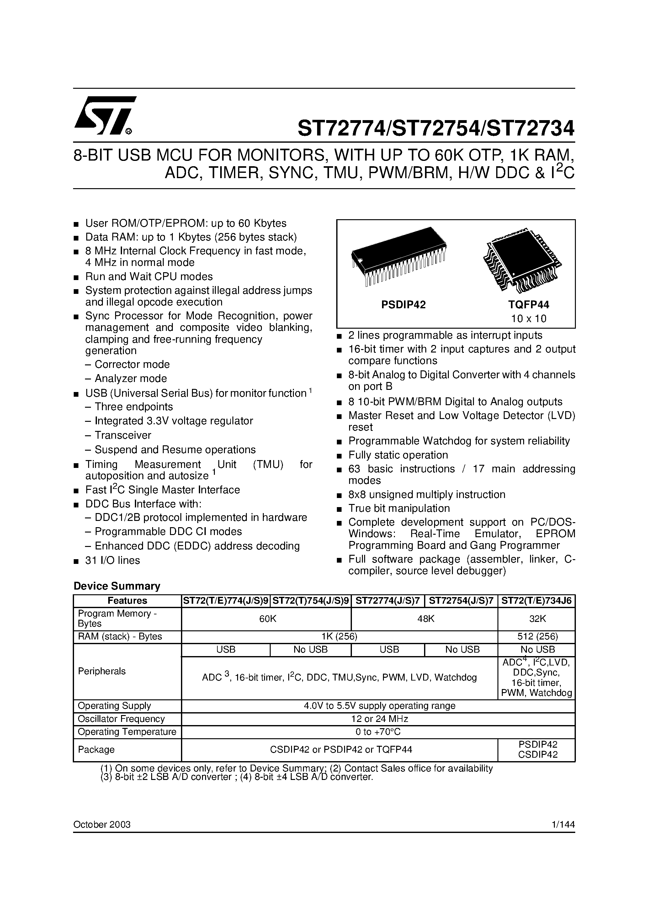 Даташит ST72734 - (ST72T774 - ST72T734) 8-BIT USB MCU FOR MONITORS страница 1