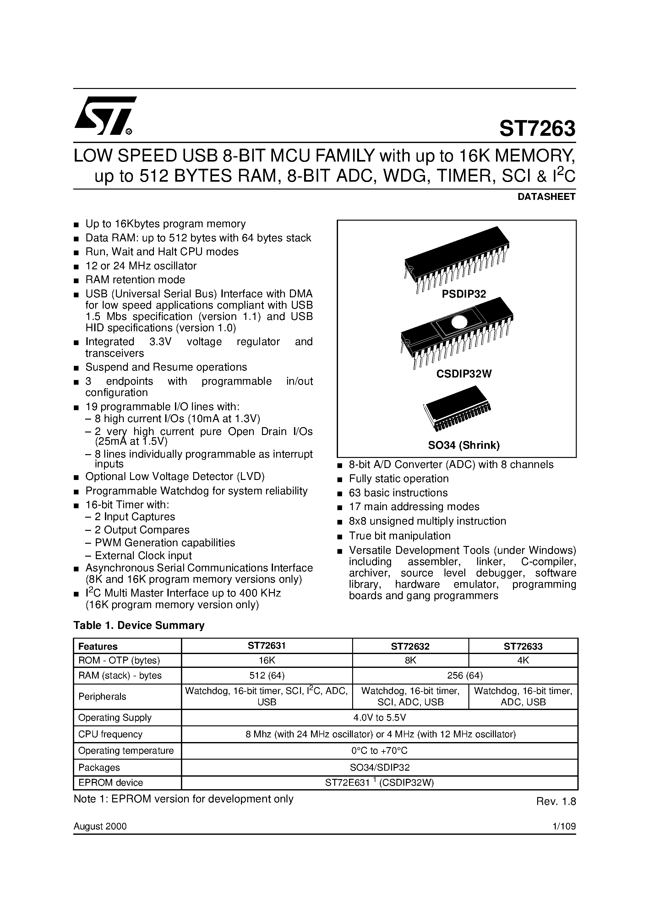 Datasheet ST7263 - LOW SPEED USB 8-BIT MCU FAMILY page 1