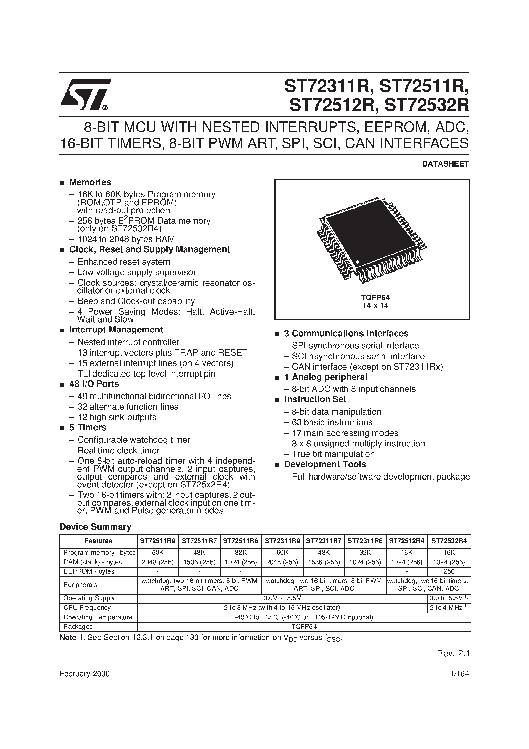 Datasheet ST72311R - (ST72T311R - ST72T532R) 8-BIT MCU WITH NESTED INTERRUPTS page 1