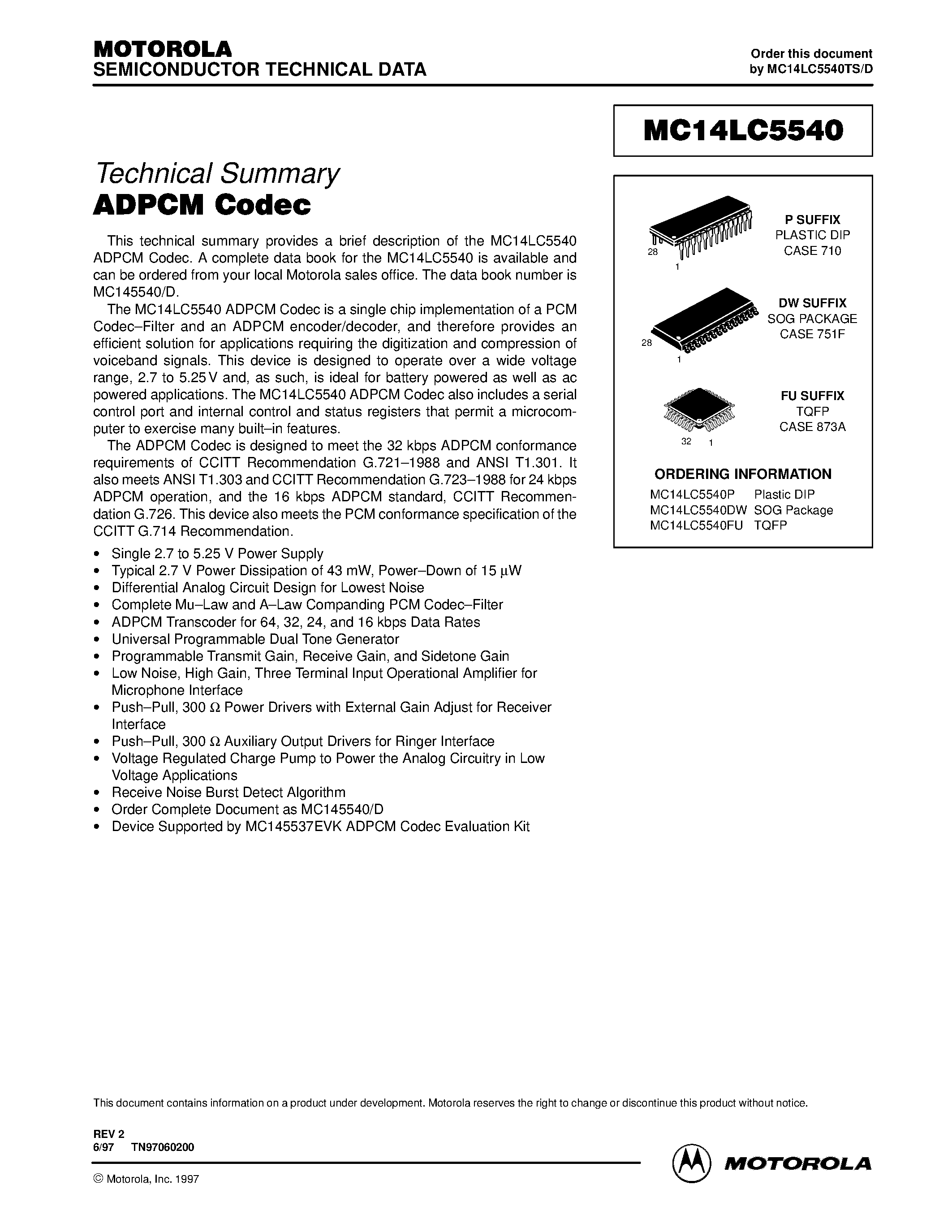 Даташит на микросхему MC14LC5540 страница 1 Даташит MC14LC5540 - ADPCM Codec страница 1