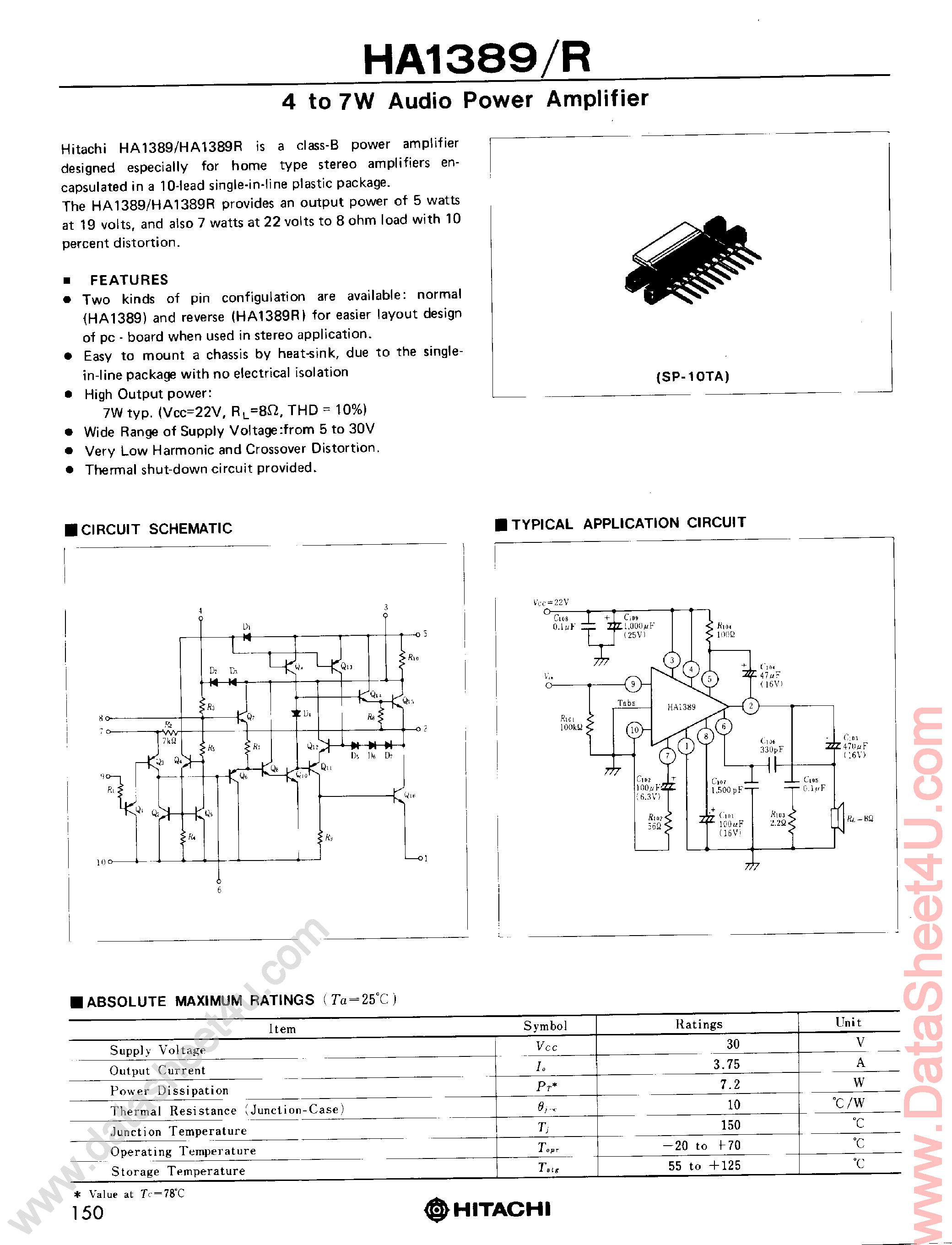 Даташит HA1389 - 4 to 7W Audio Power Amplifier страница 1