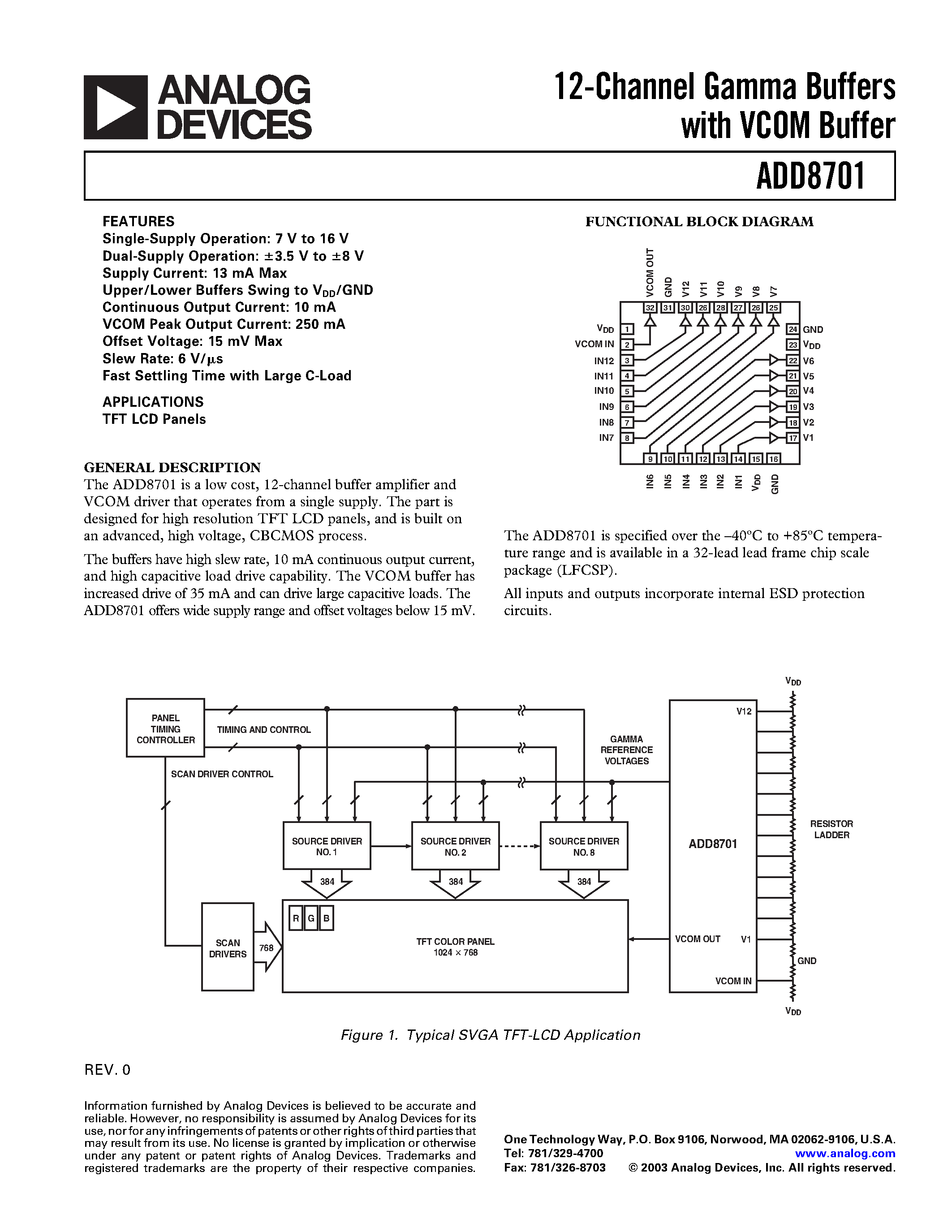 Даташит ADD8701 - 12-Channel Gamma Buffers with VCOM Buffer страница 1