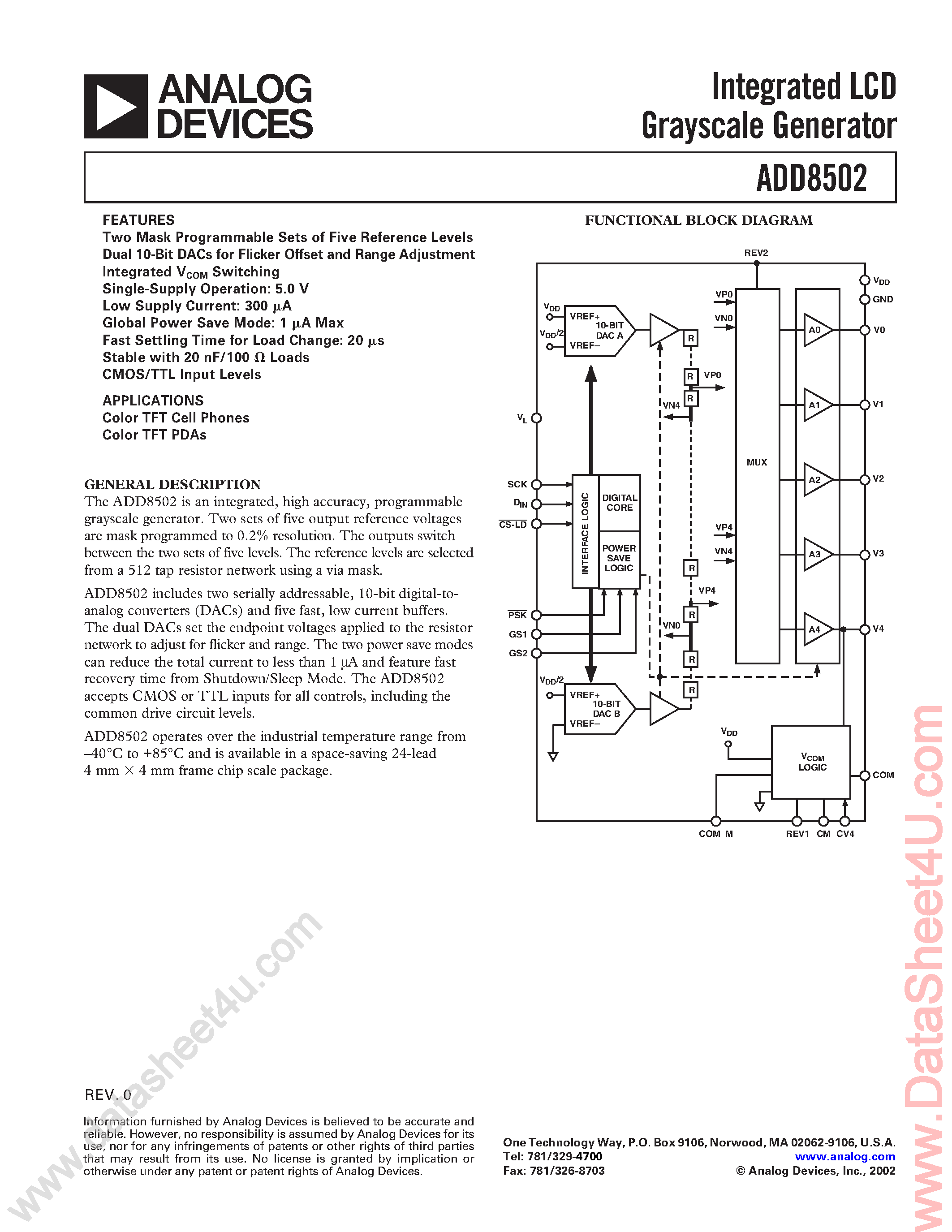 Datasheet ADD8502 page 1 Datasheet ADD8502 - Integrated LCD Grayscale Generator page 1