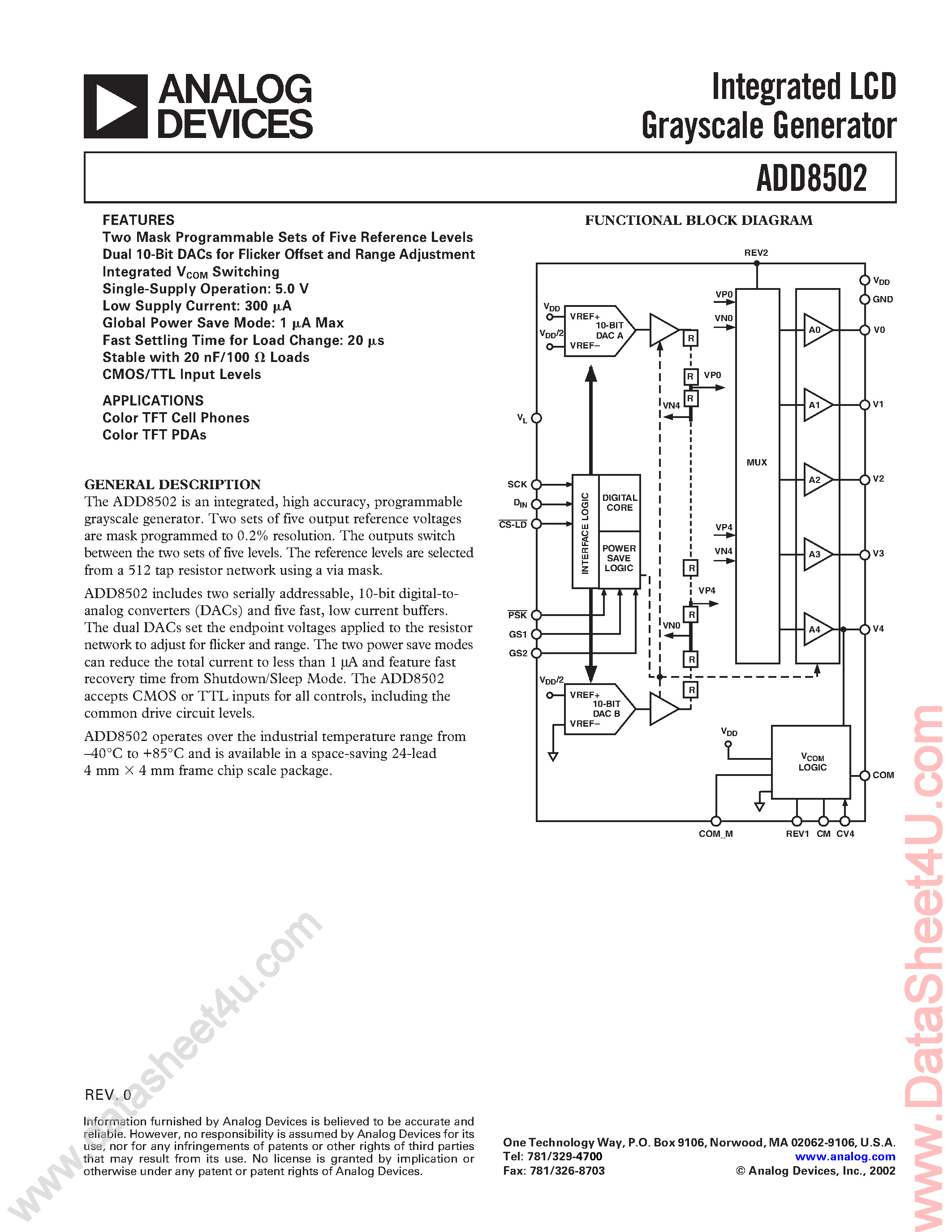 Datasheet ADD8502 - Integrated LCD Grayscale Generator page 1