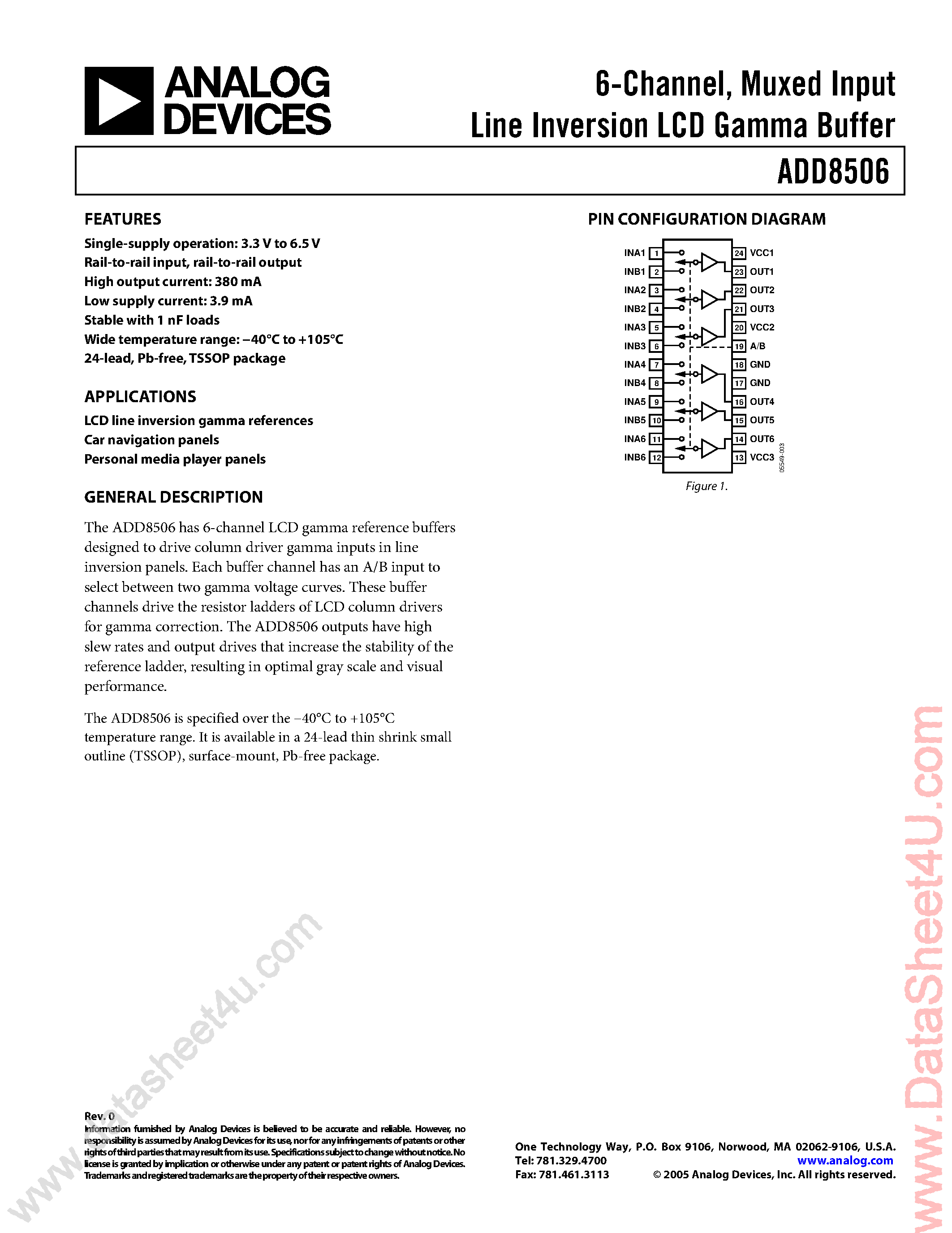 Datasheet ADD8506 - 6-Channel Muxed Input / LCD Gamma Reference Buffer page 1