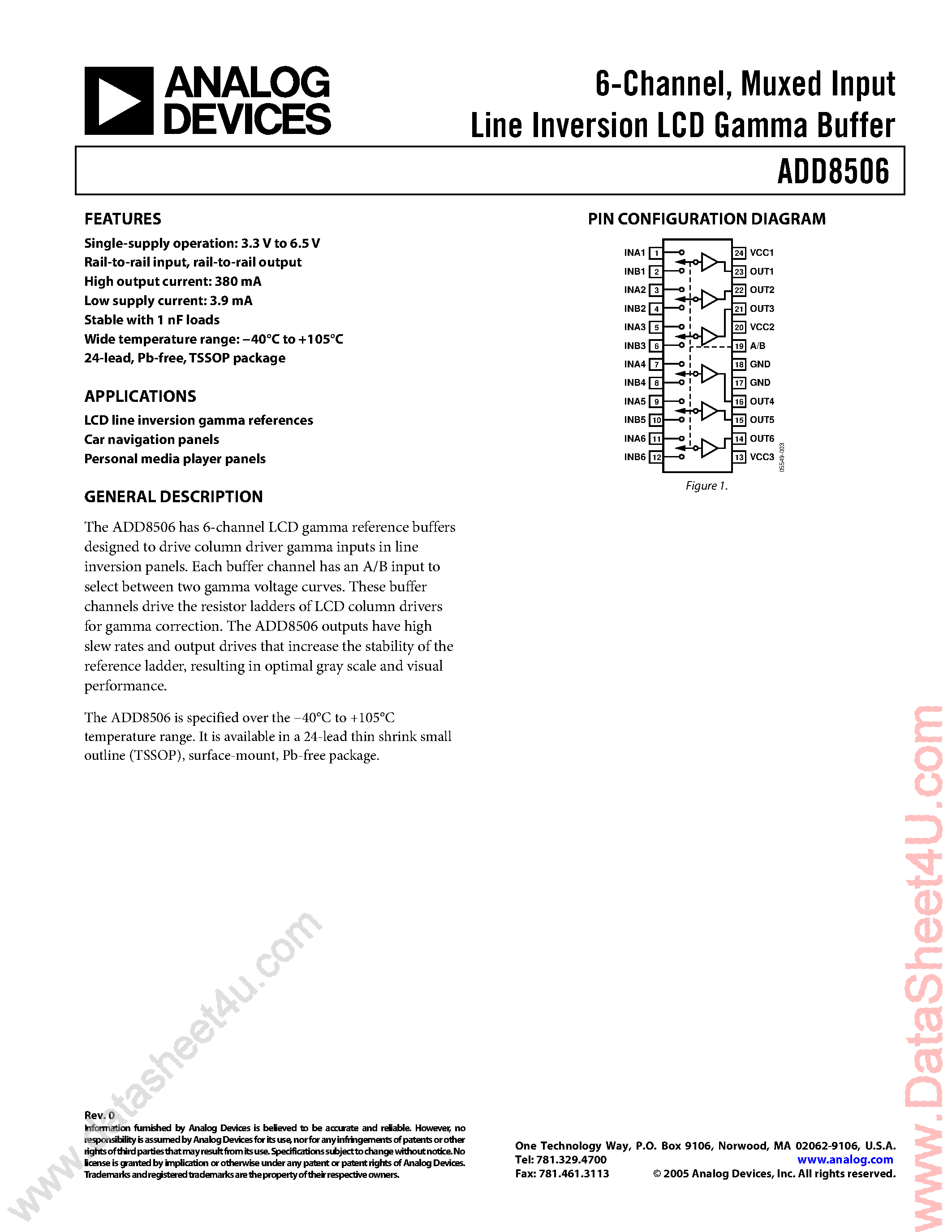 Даташит ADD8506 - 6-Channel Muxed Input / LCD Gamma Reference Buffer страница 1