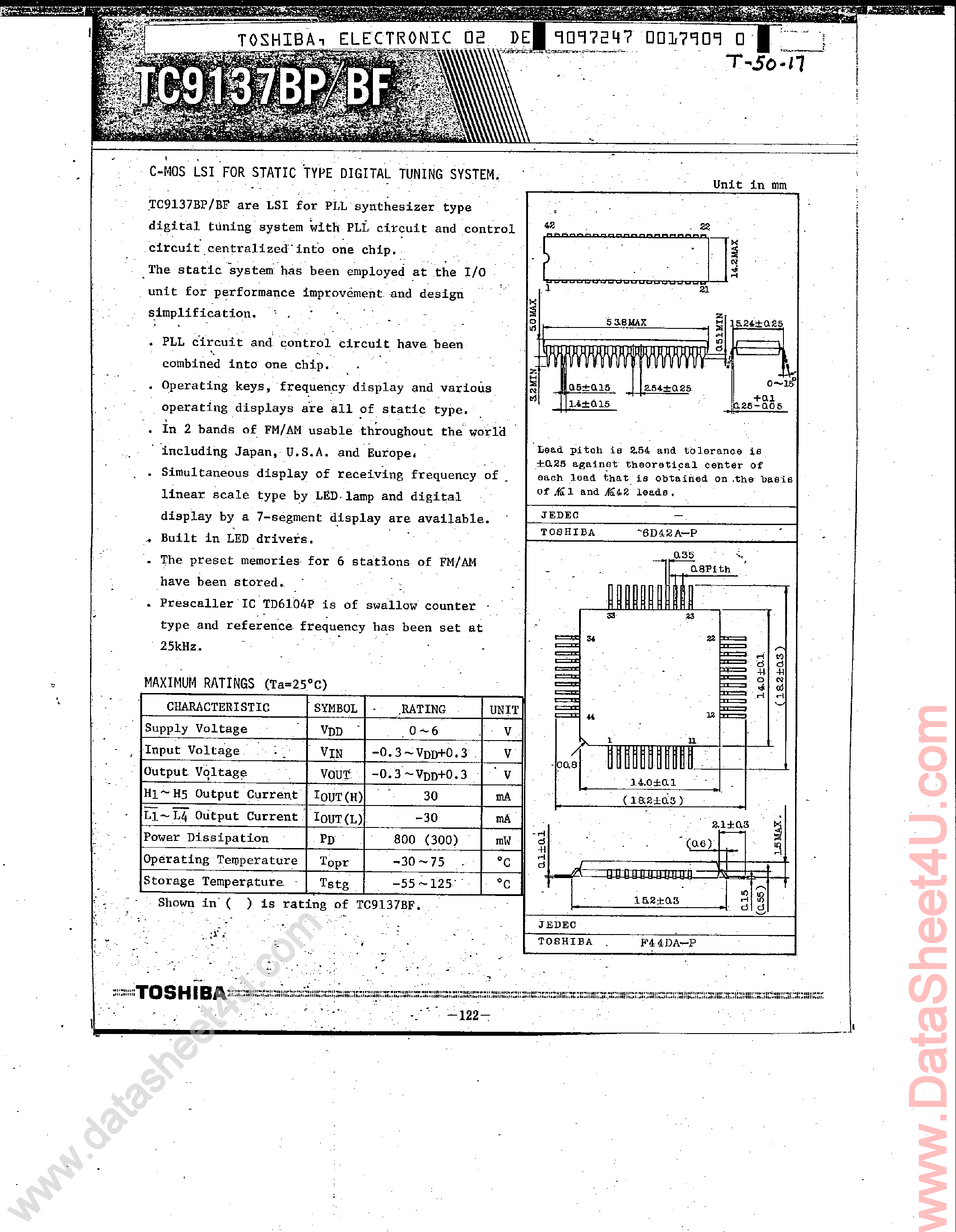 Datasheet TC9137BF - CMOS LSI for Static Type Digital Tuning System page 1