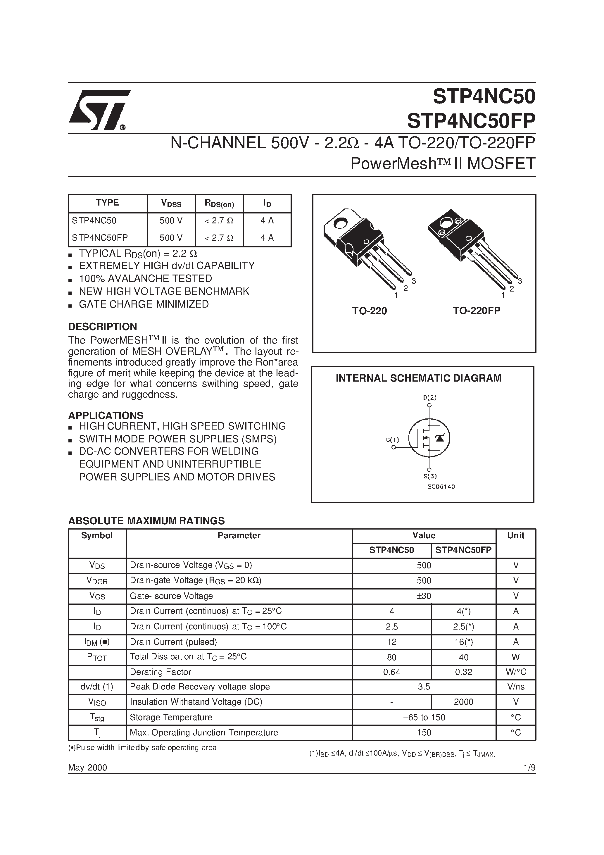 Datasheet STP4NC50 page 1 Datasheet STP4NC50 - N-CHANNEL MOSFET page 1