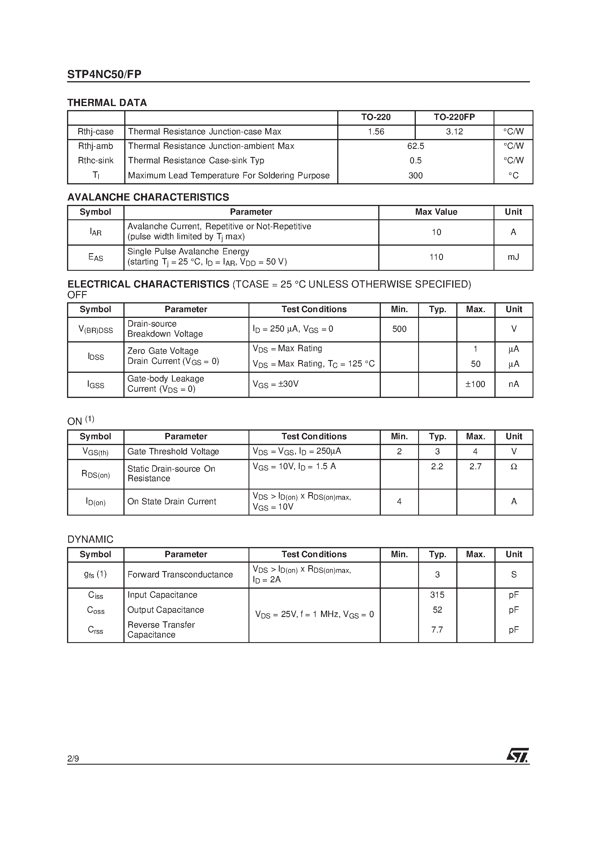Datasheet STP4NC50 page 2 Datasheet STP4NC50 - N-CHANNEL MOSFET page 2