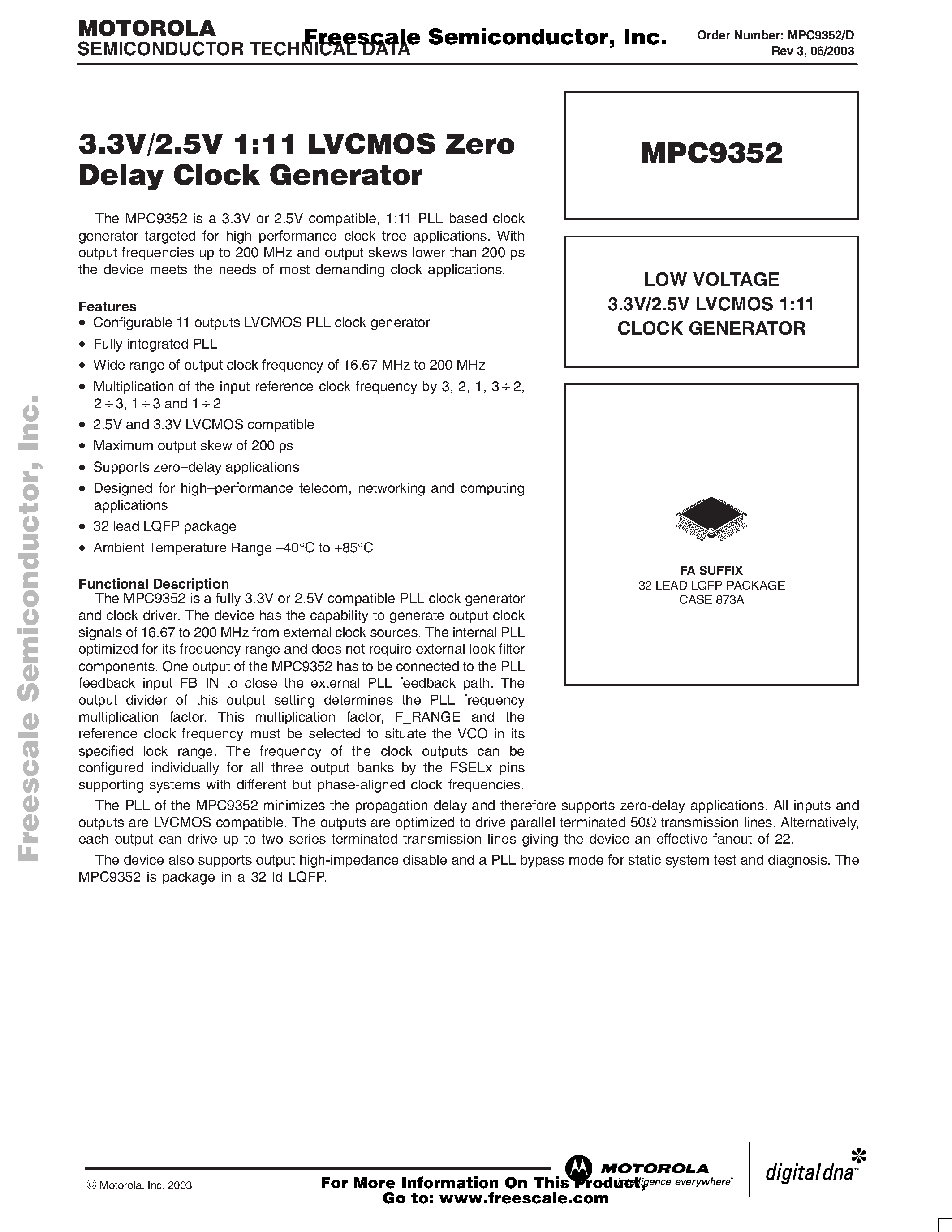 Datasheet MPC9352 - 3.3V / 2.5V 1:11 LVCMOS ZERO DELAY CLOCK GENERATOR page 1