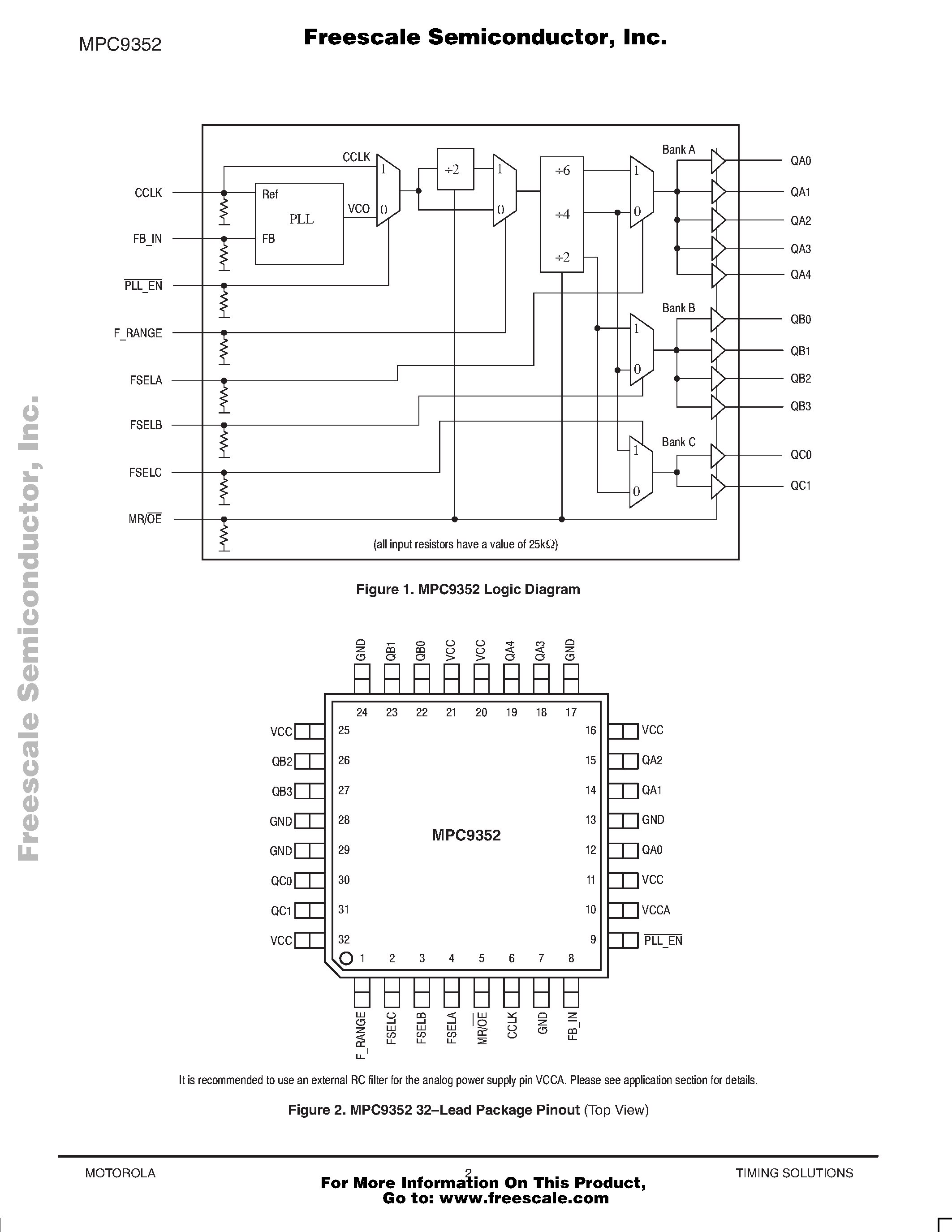 Datasheet MPC9352 - 3.3V / 2.5V 1:11 LVCMOS ZERO DELAY CLOCK GENERATOR page 2