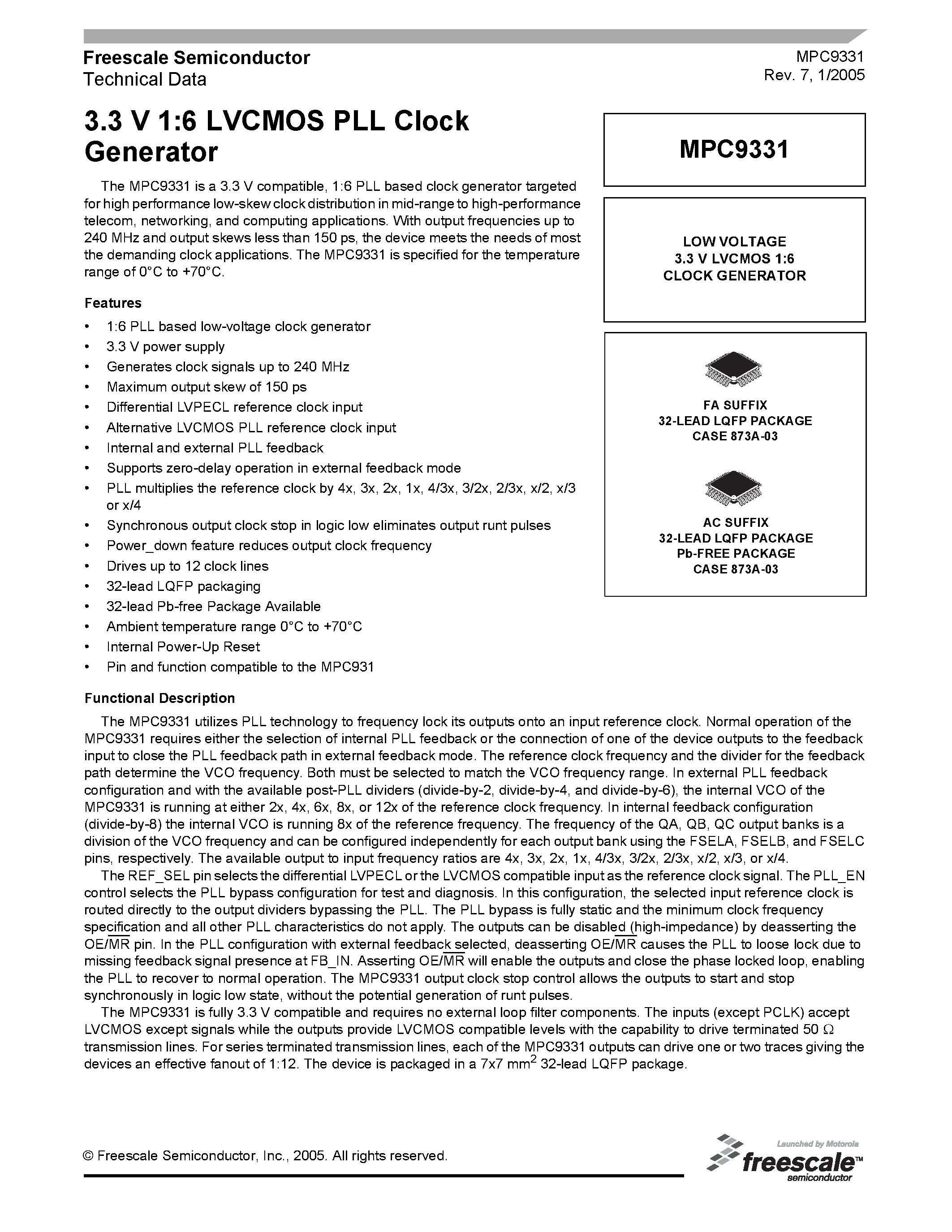 Datasheet MPC9331 page 1 Datasheet MPC9331 - 3.3 V 1:6 LVCMOS PLL Clock Generator page 1