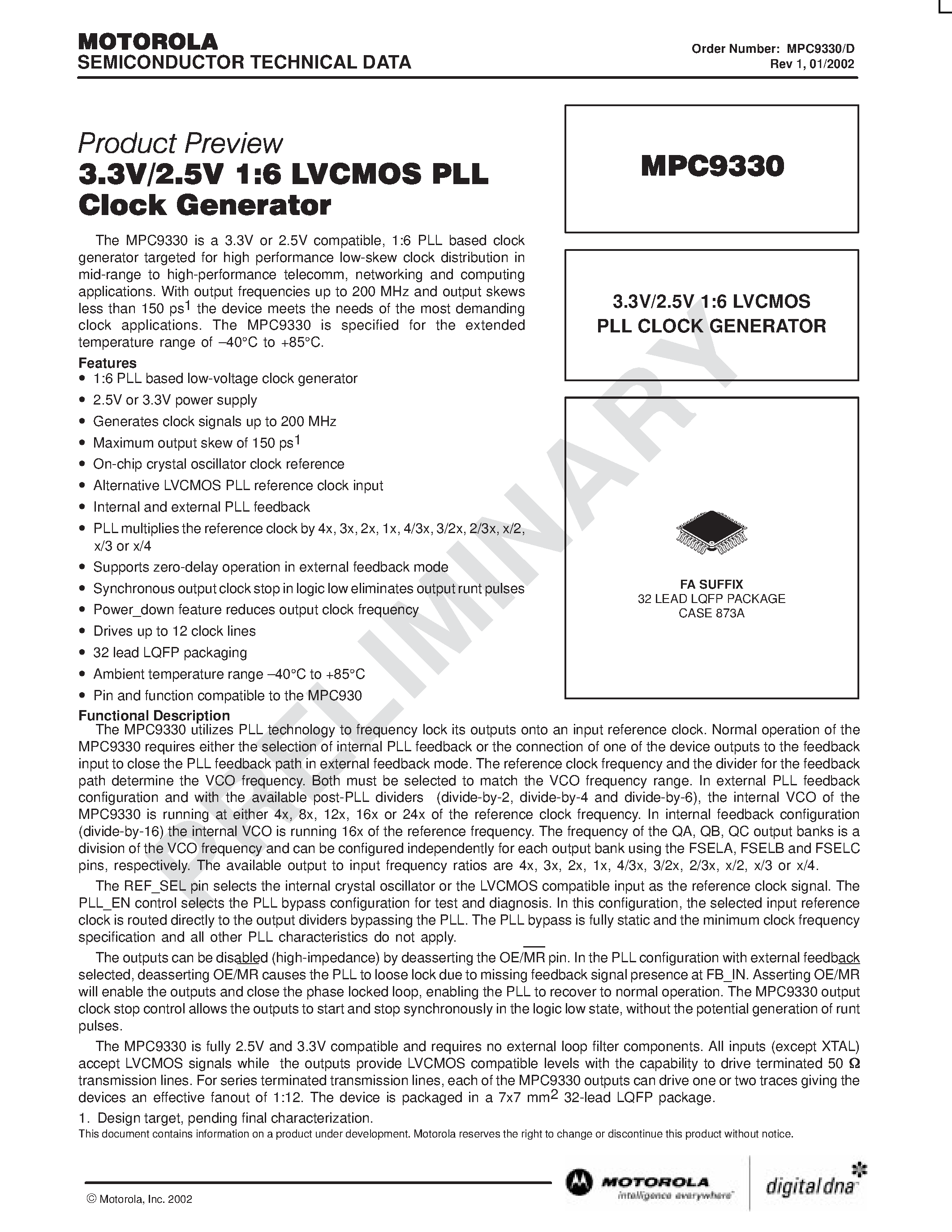 Datasheet MPC9330 - 3.3V / 2.5V 1:6 LVCMOS PLL CLOCK GENERATOR page 1