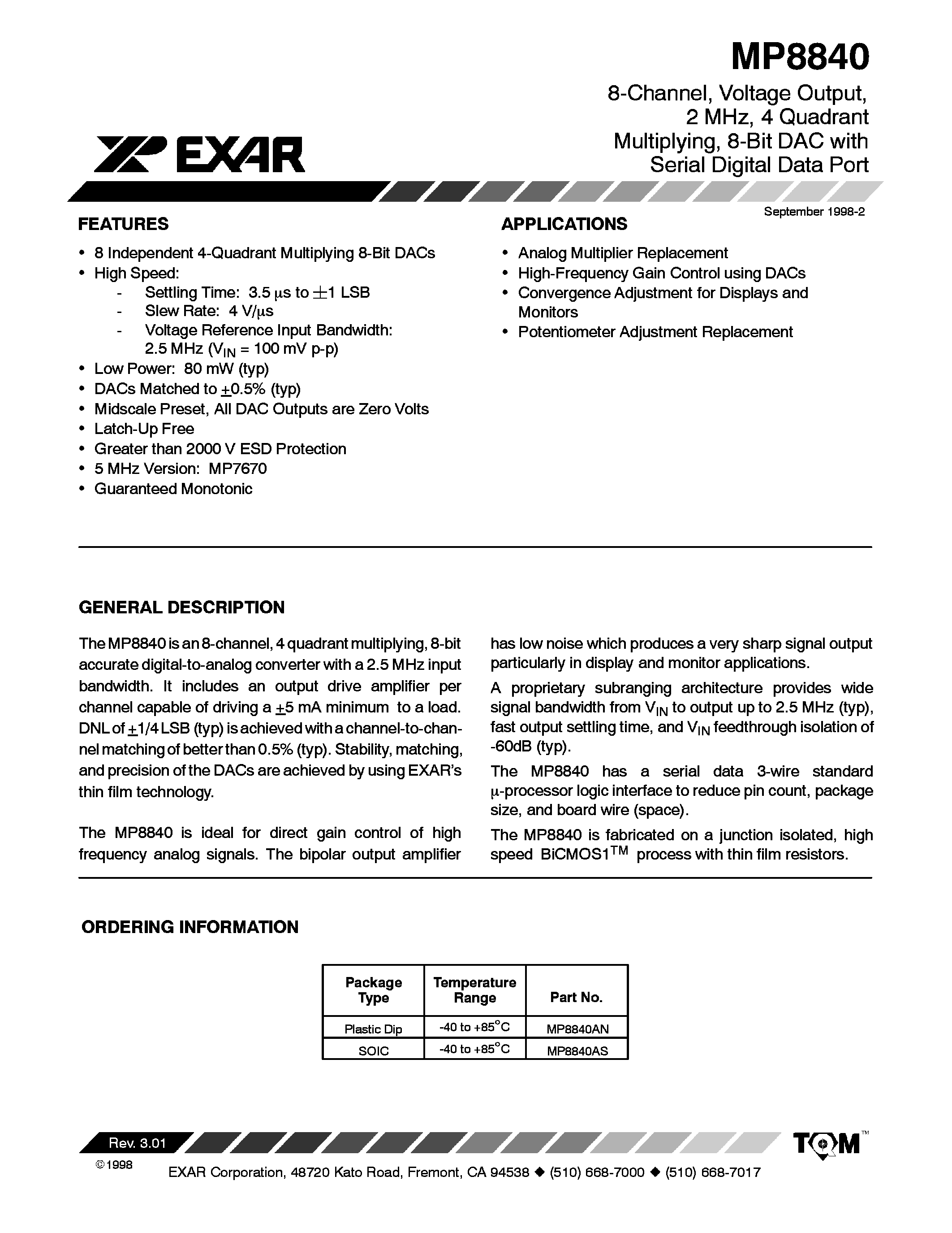 Datasheet MP8840 - 8 CHANNEL VOLTAGE OUTPUT 2 MHZ 4 QUADRANT MULTIPLYING 8 BIT DAC WITH SERIAL DIGITAL DATA PORT page 1